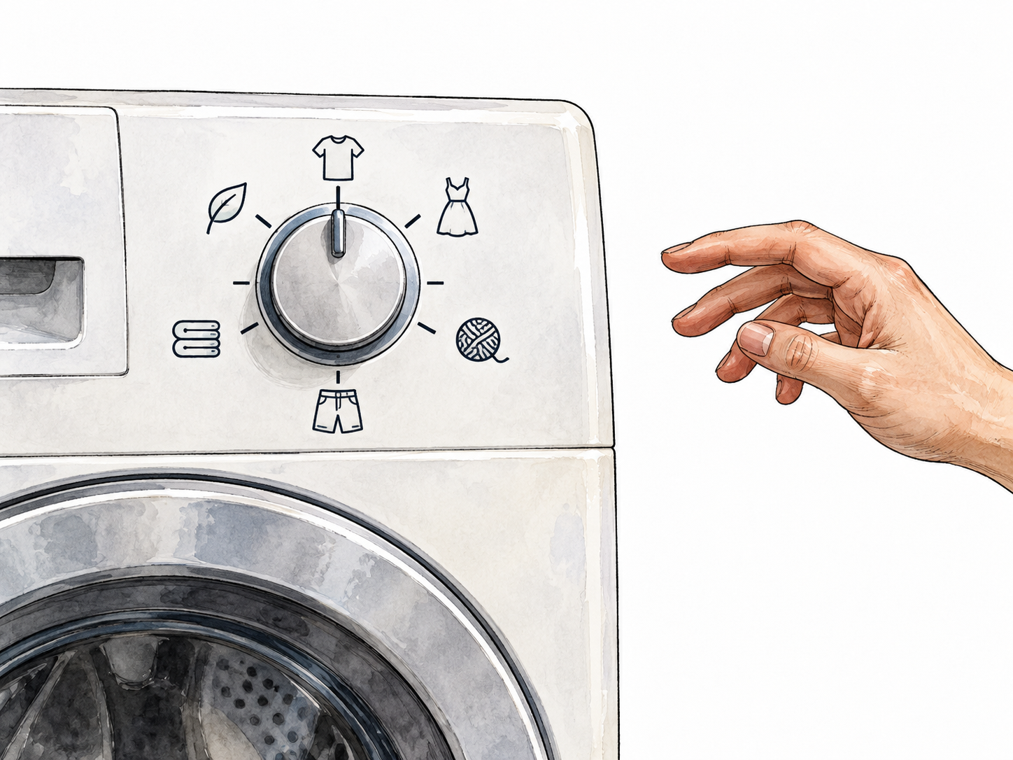 Washing machine dial already pointing to standard middle setting, untouched hand away; simple clothing icons, no text.