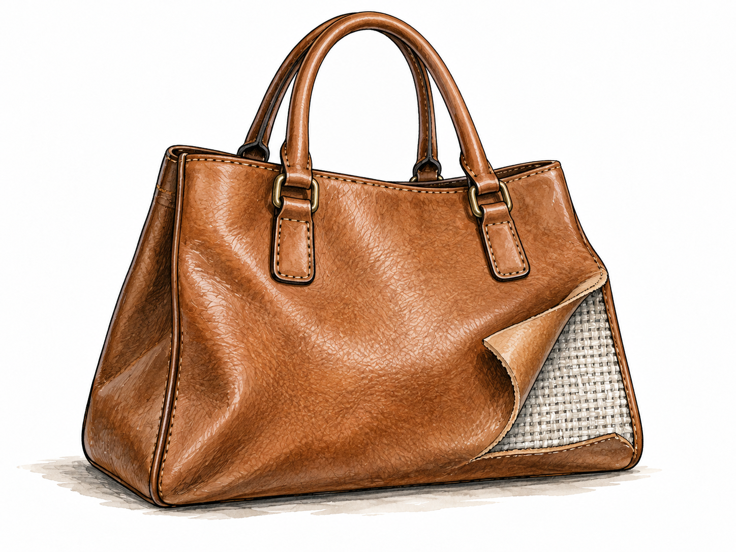 Leather-look handbag with folded corner revealing woven synthetic backing, imitation leather no branding.