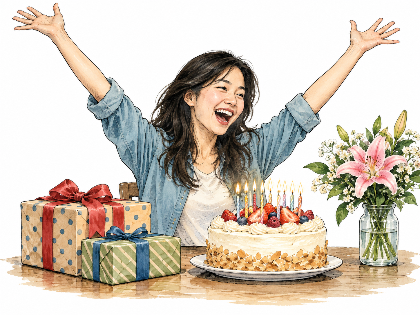 An East Asian woman throws her hands up joyfully beside a successful birthday surprise, delighted expression.