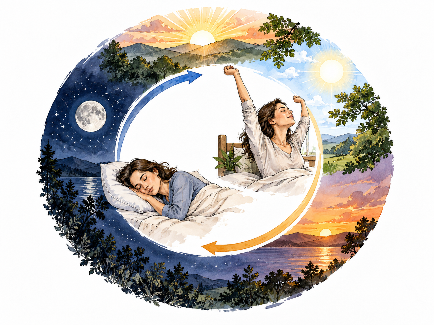 Circular day-night cycle with sunrise daylight sunset moon around sleeping-and-waking person motif, daily biological rhythm no labels.