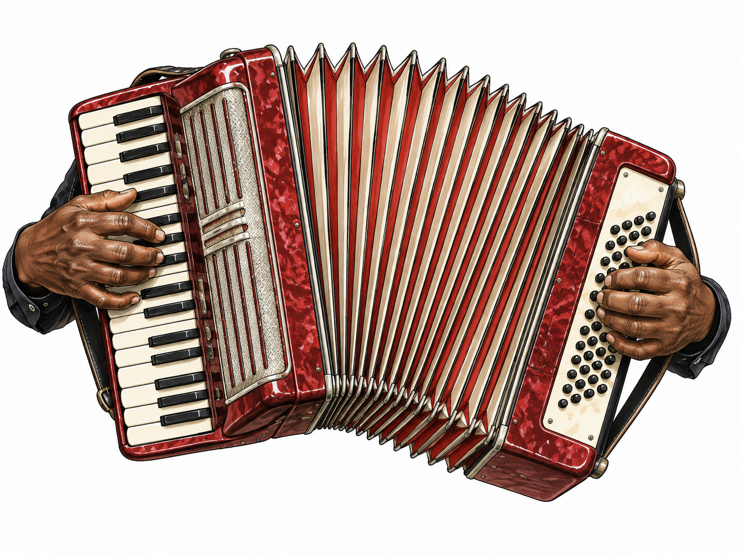 A partially unfolded accordion showing bellows extending and opening wide, hands of a Black musician pulling ends apart.