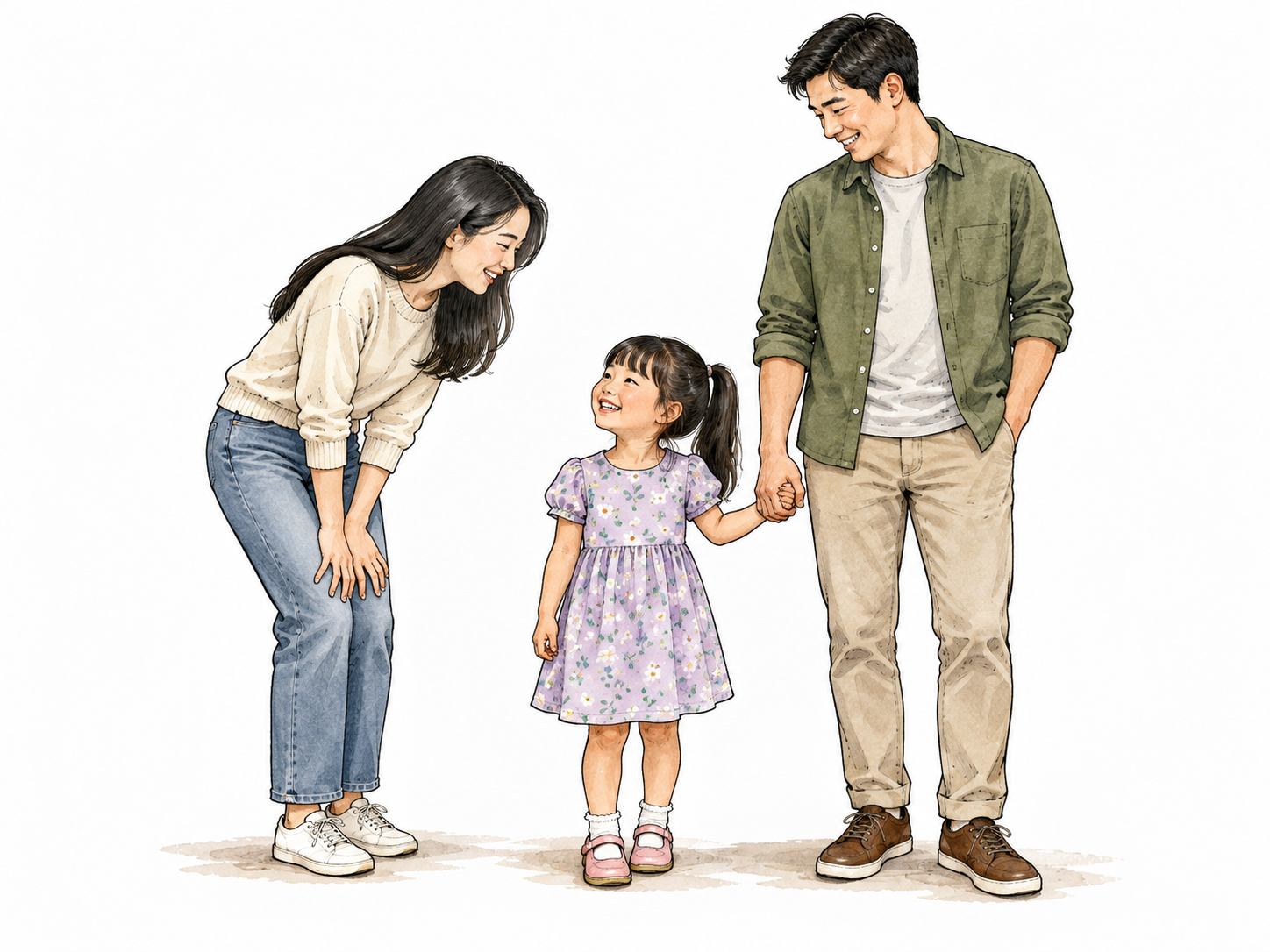 A simple family relationship illustration: adult East Asian sister and brother stand together, brother holds his young daughter's hand; aunt smiles toward girl.