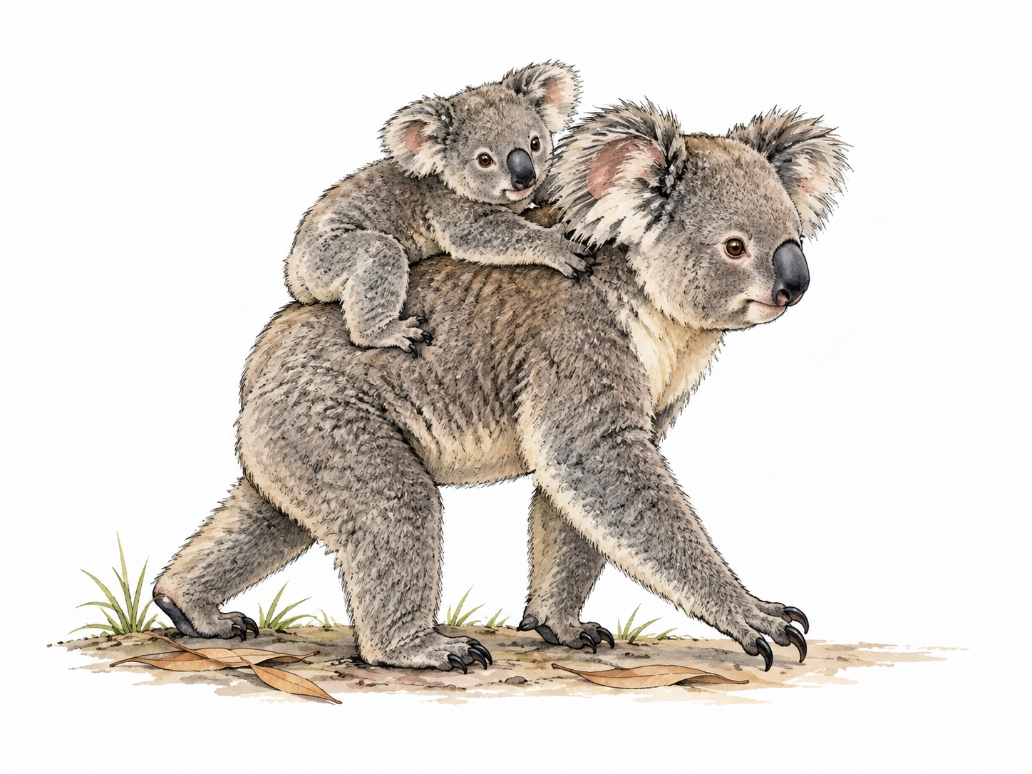 A small koala clings tightly with four limbs to its mother's back.