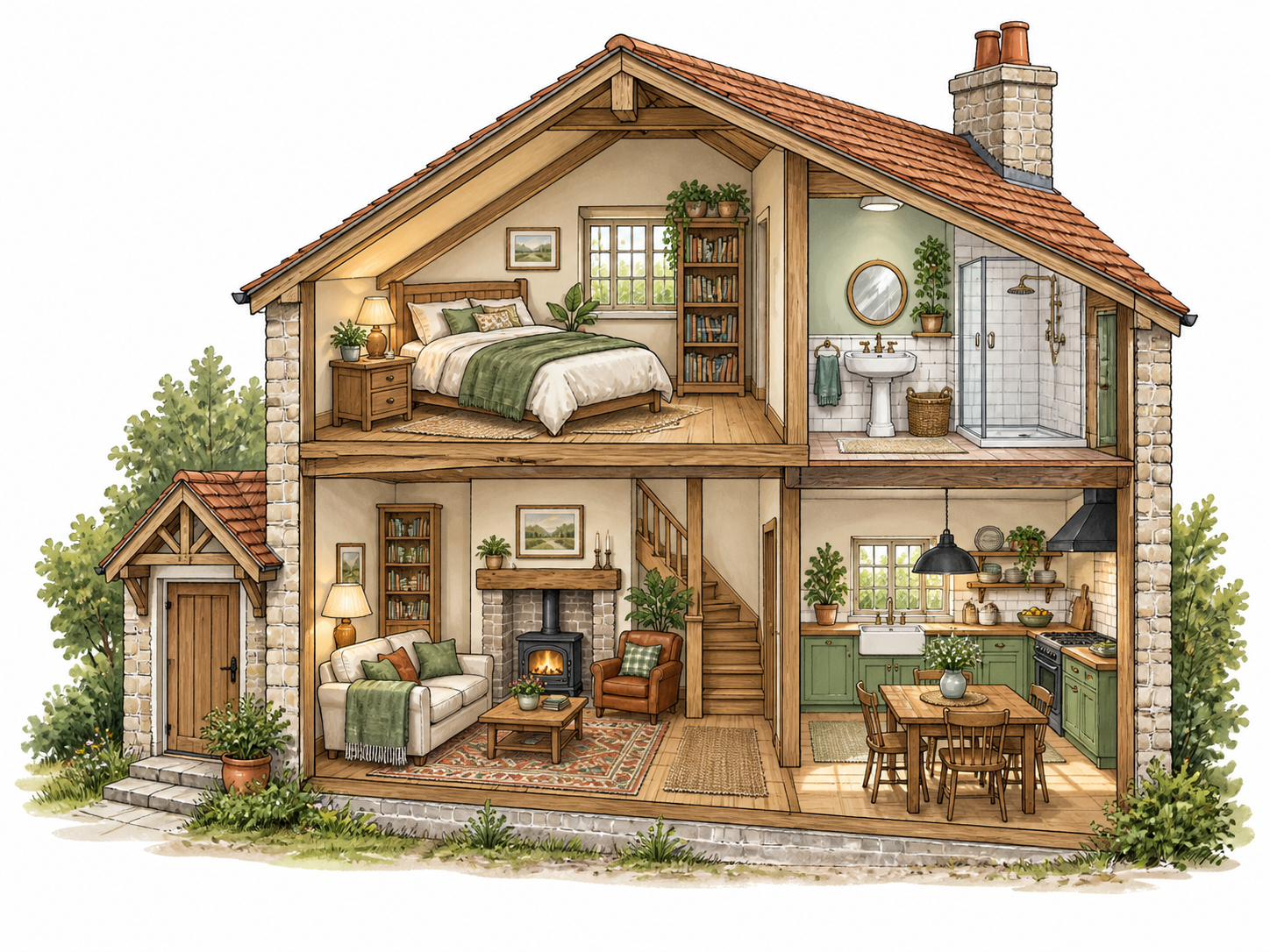 A cozy room visible through a house cutaway, furnishings clearly inside.