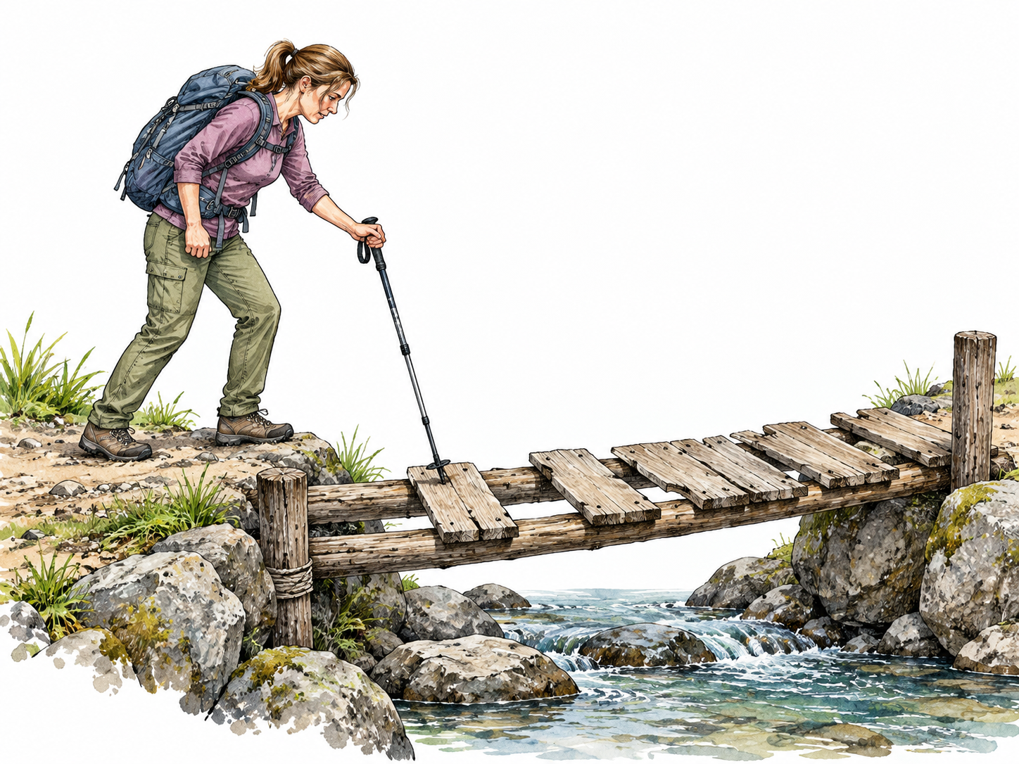 A white woman hiker cautiously tests a loose plank bridge with a trekking pole before stepping onto it.