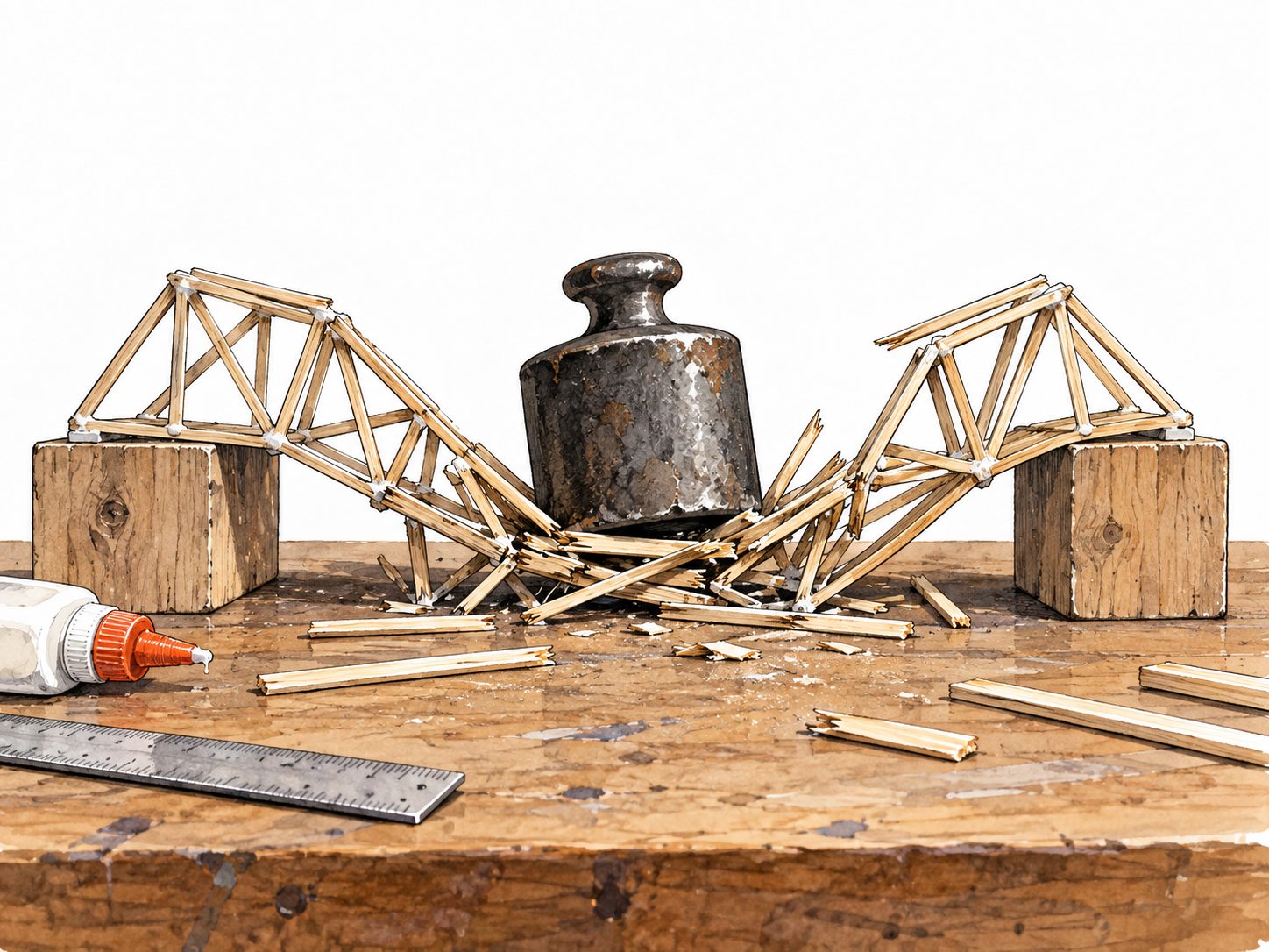 Collapsed handmade model bridge beneath its test weight on a workbench.