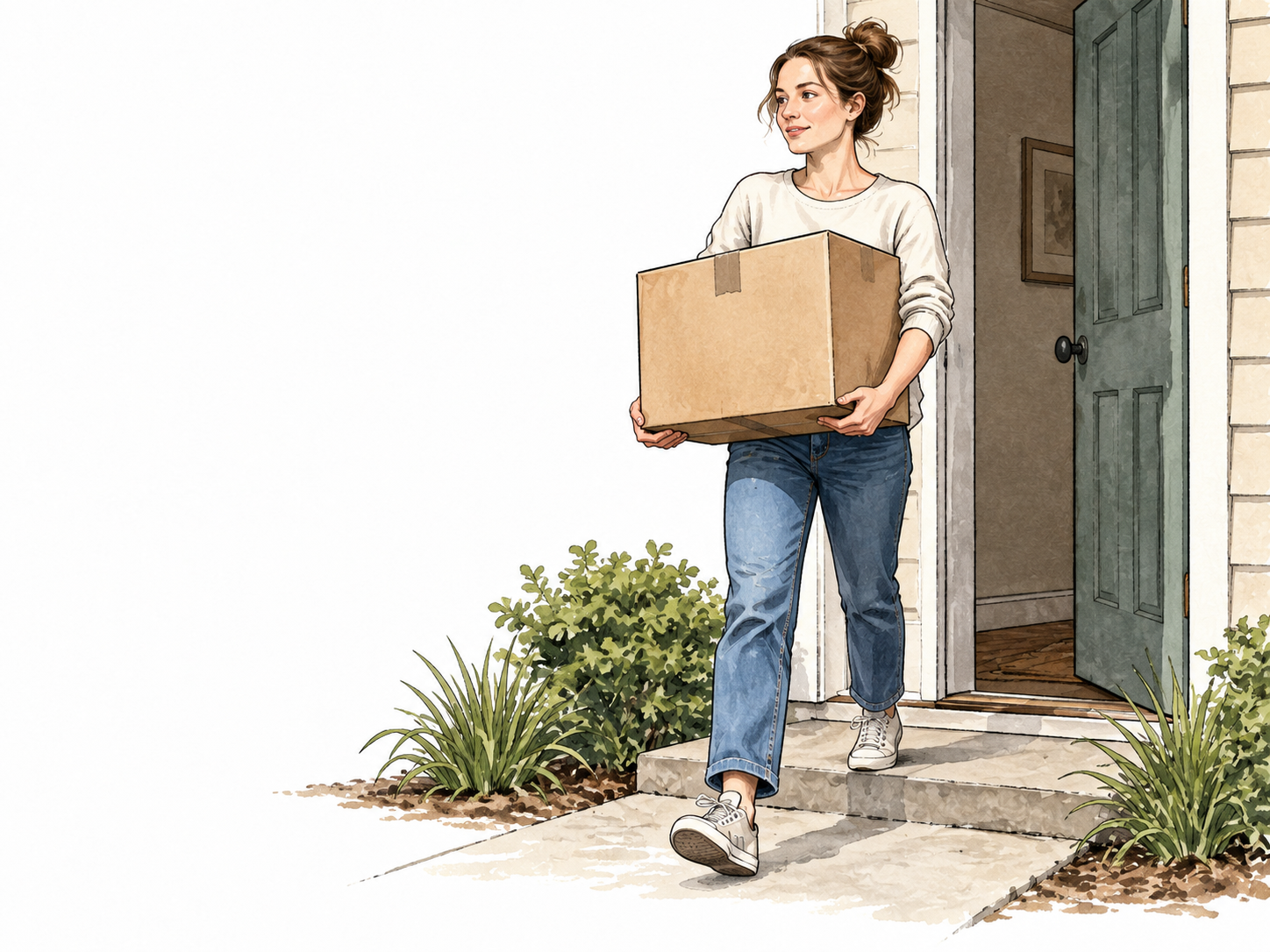 A young white woman carries a sturdy box from a doorway, both hands supporting its bottom.