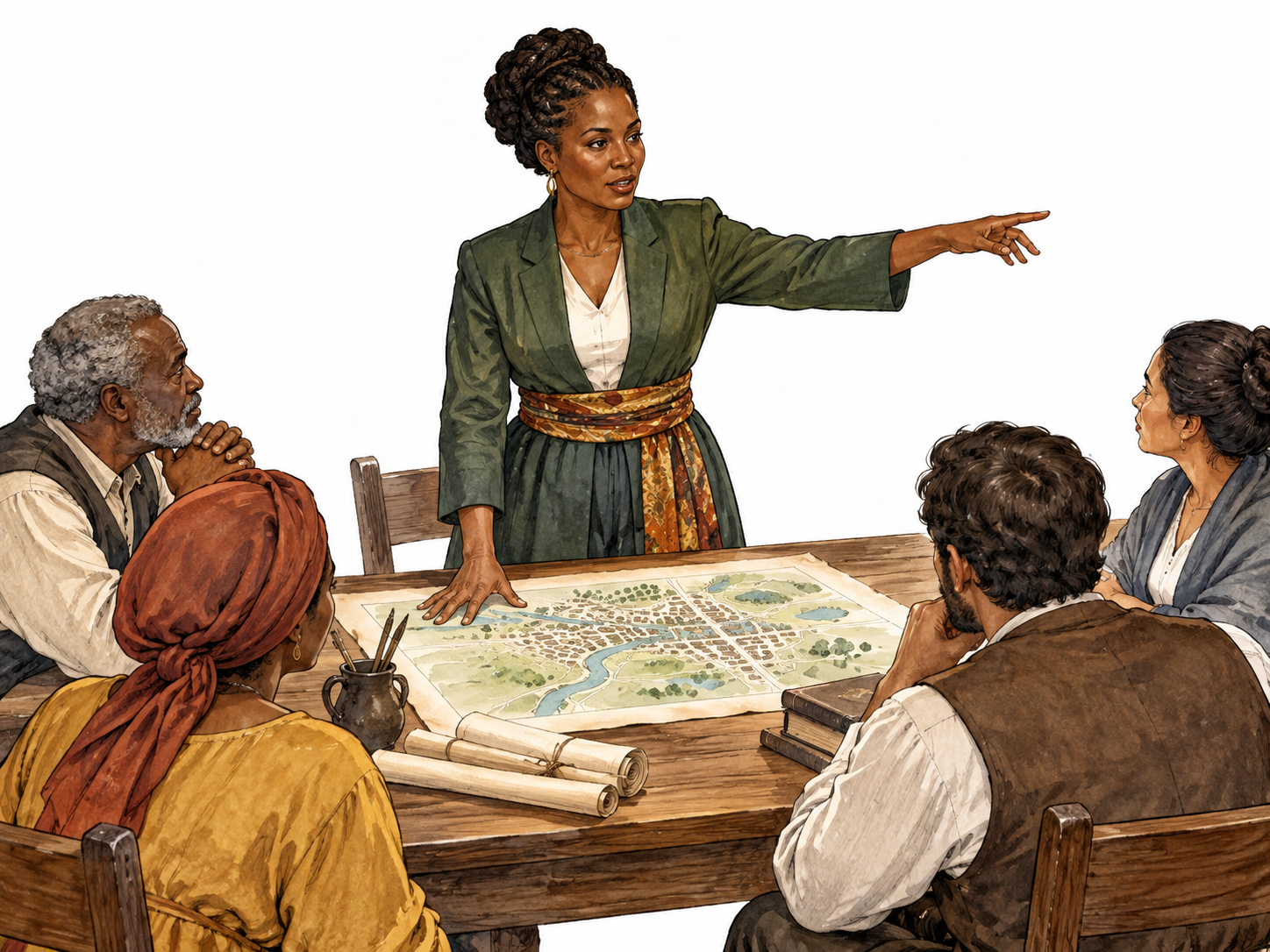 A Black woman council leader directs an orderly council meeting, indicating a town map.