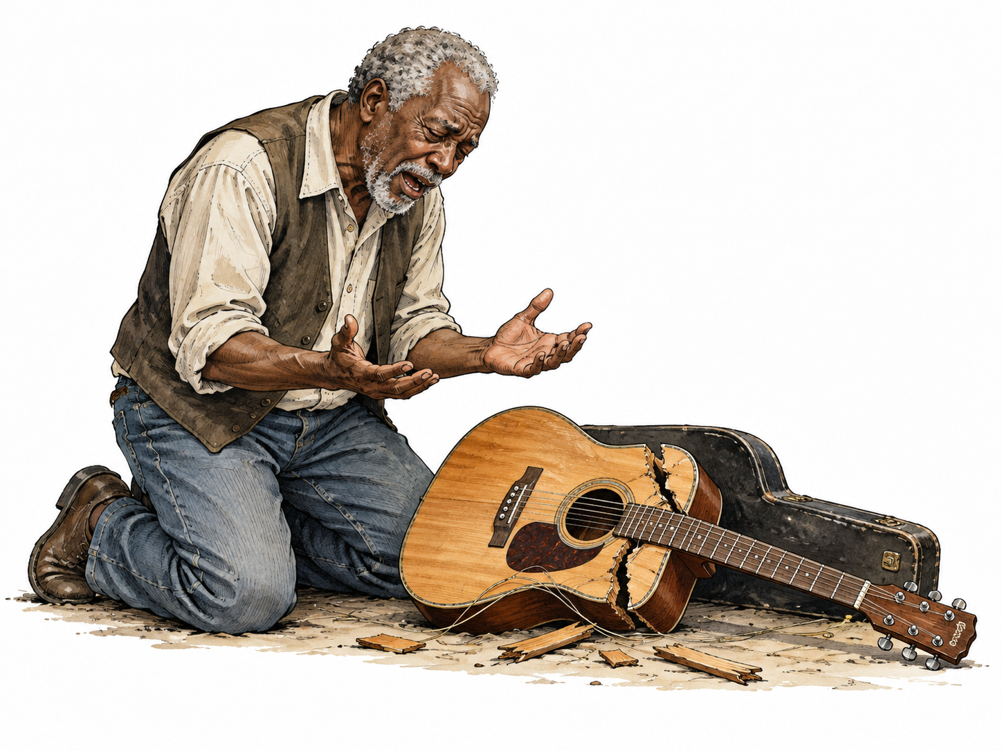 Older Black man beside damaged cherished instrument with hands open and sorrowful face voicing complaint.