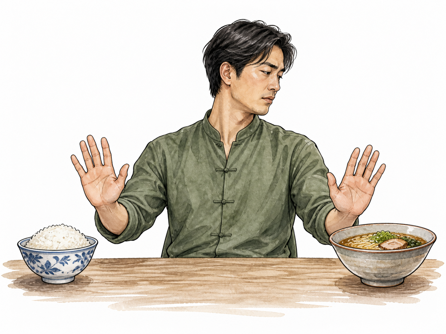 An East Asian man turns away from both of two dishes, palms raised in polite refusal.