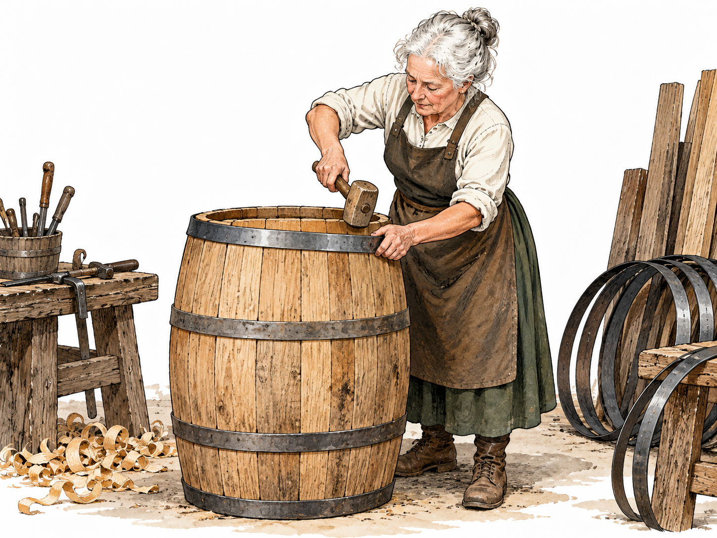 Older white woman cooper fitting metal hoop to wooden barrel with mallet in workshop.