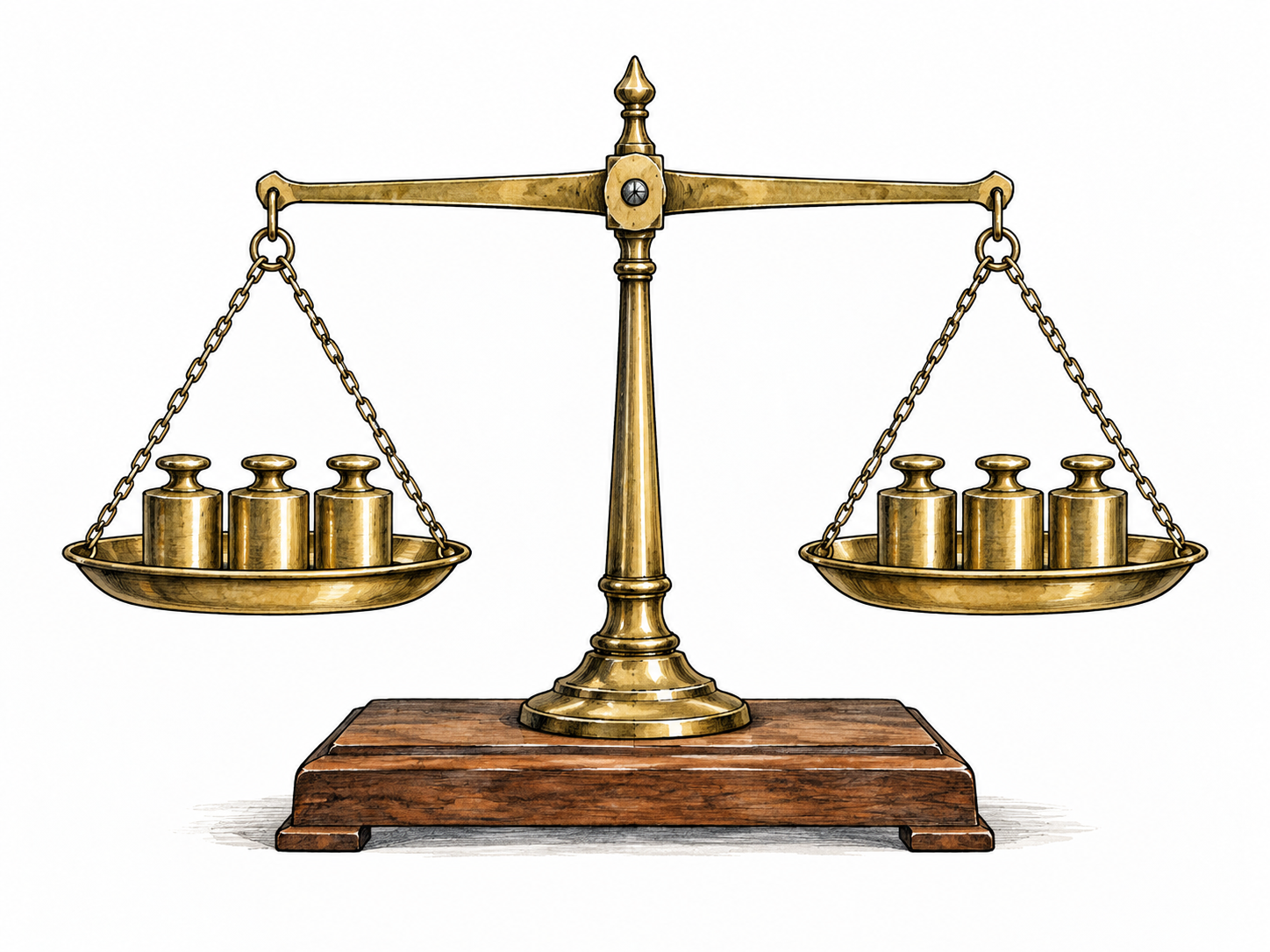 A balanced weighing scale with equal sets of three identical brass weights on each side, transparent factual equivalence, clean focus.
