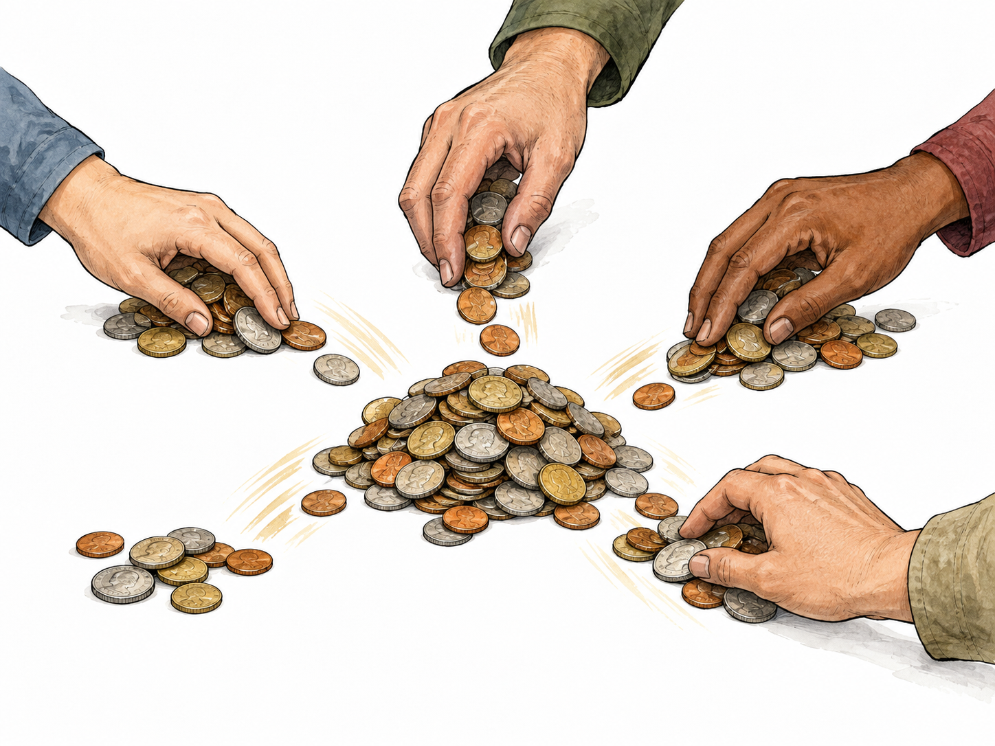 Hands gather several separated groups of coins into one final pile, adding amounts.