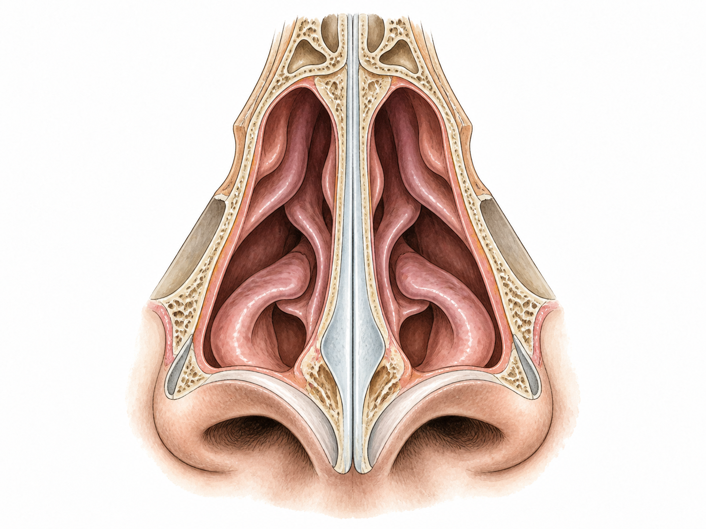 Clean medical cutaway of the human nose viewed frontally, central nasal septum clearly separating two nasal cavities; no gore, no text.