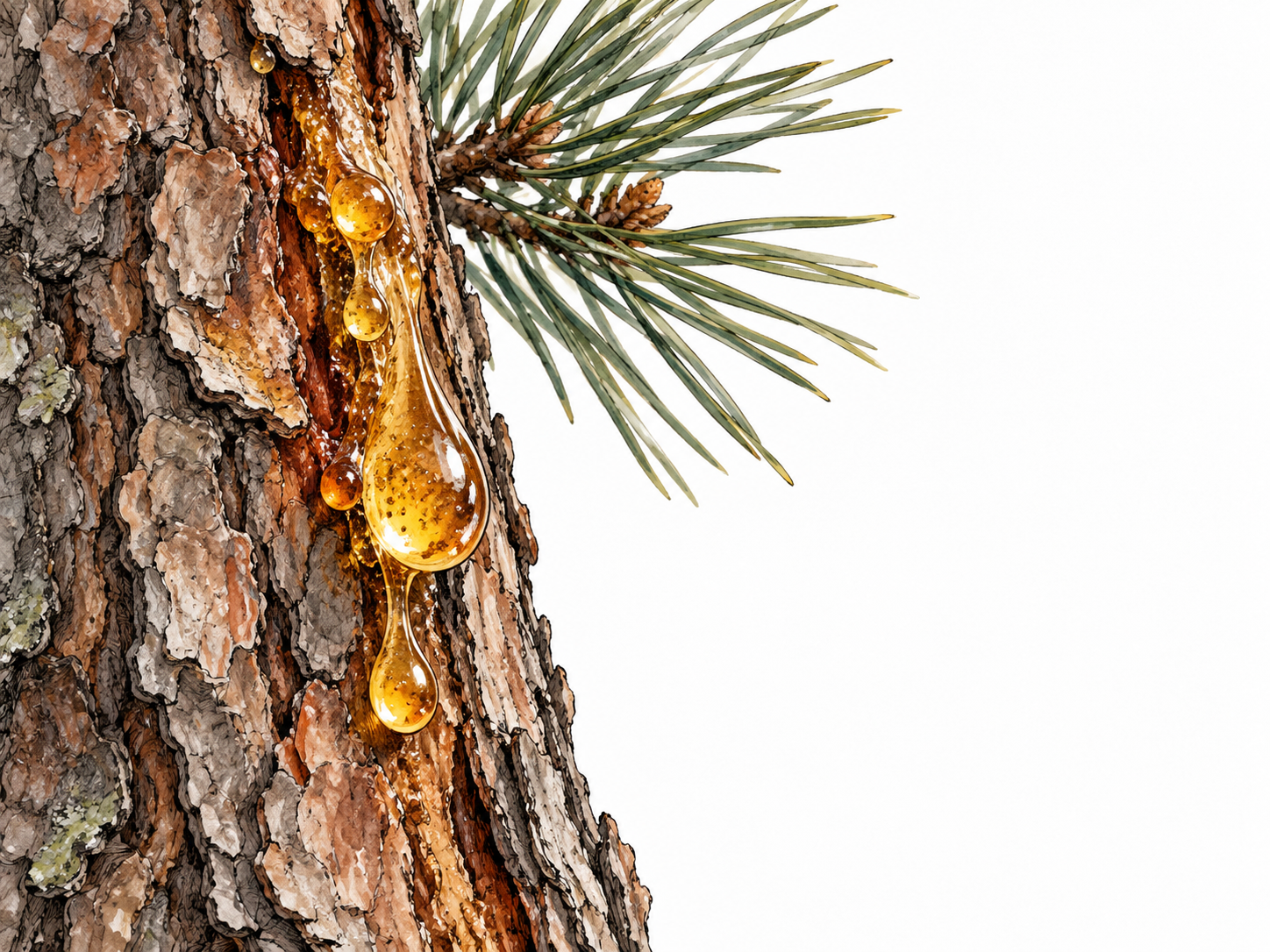 Amber sticky resin beads seep naturally from pine bark.