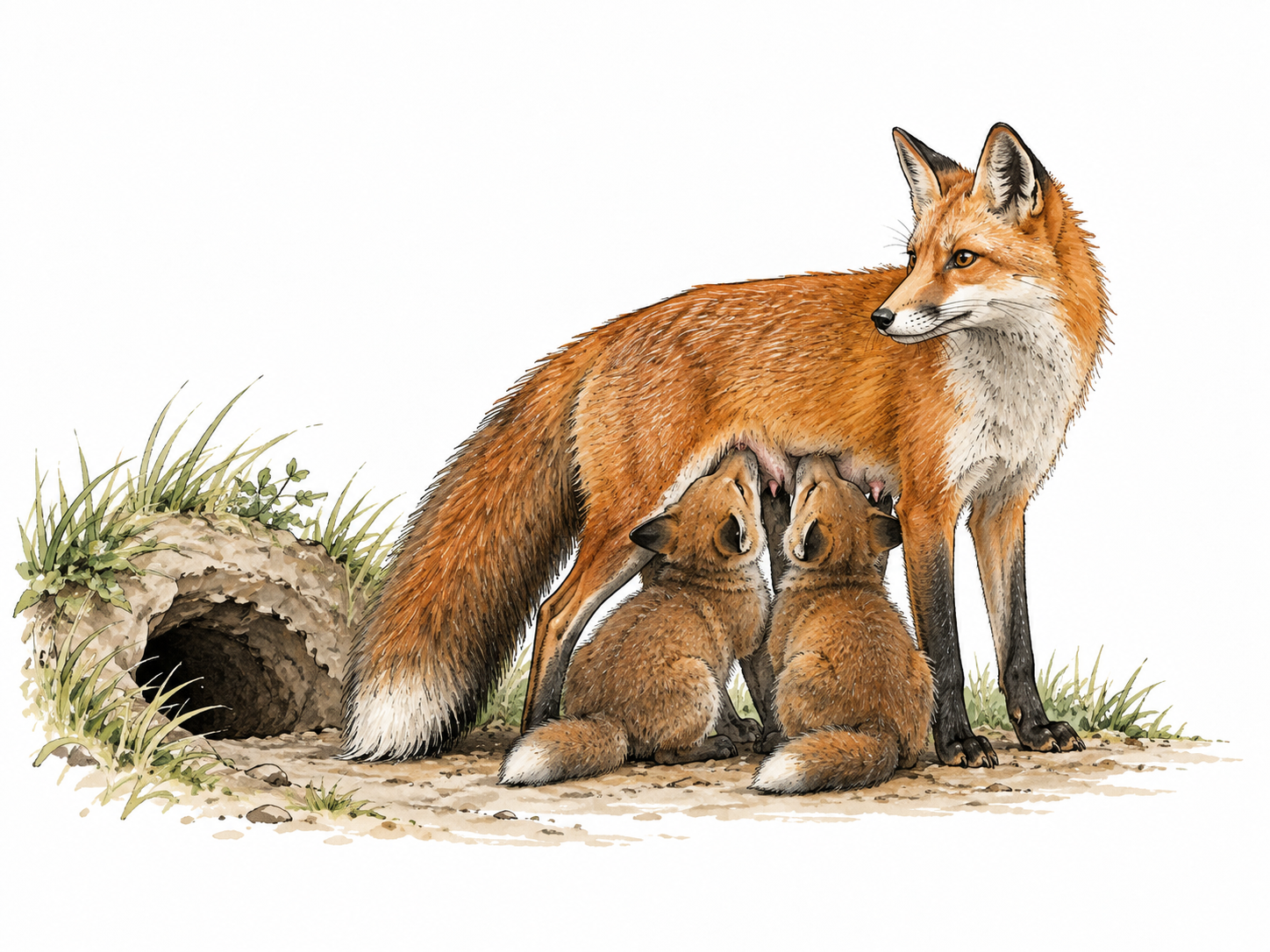 A female red fox nursing two kits beside a den, natural wildlife anatomy.