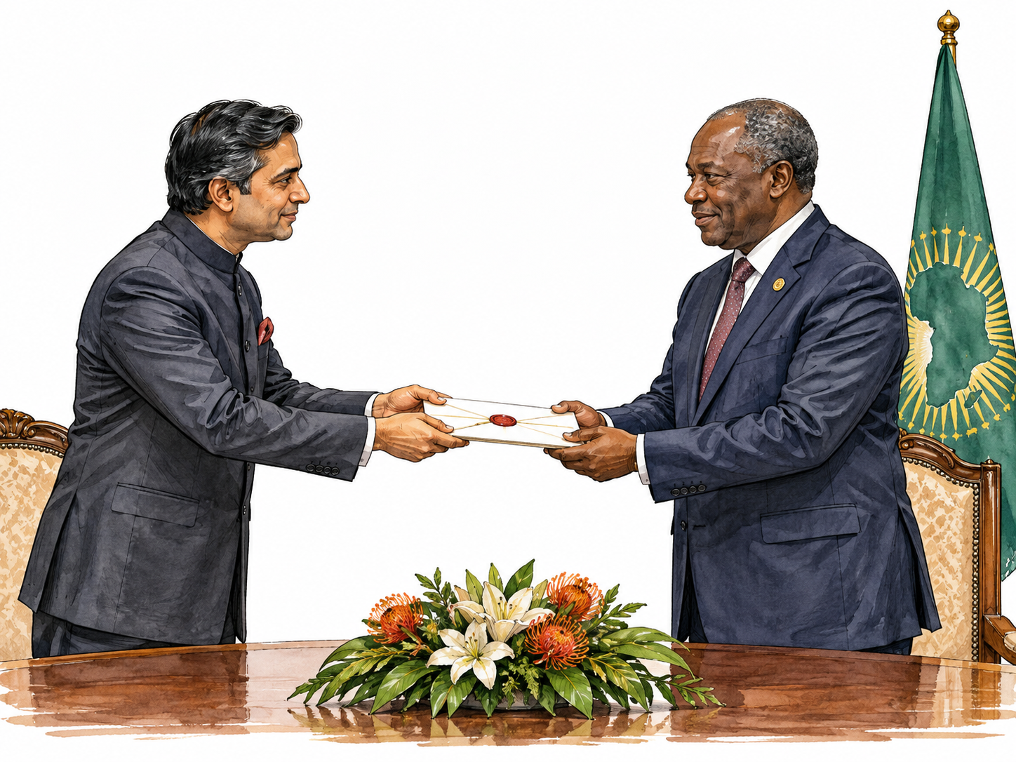 A South Asian diplomat presents a sealed document to an African official at a formal meeting, envoy representing others.