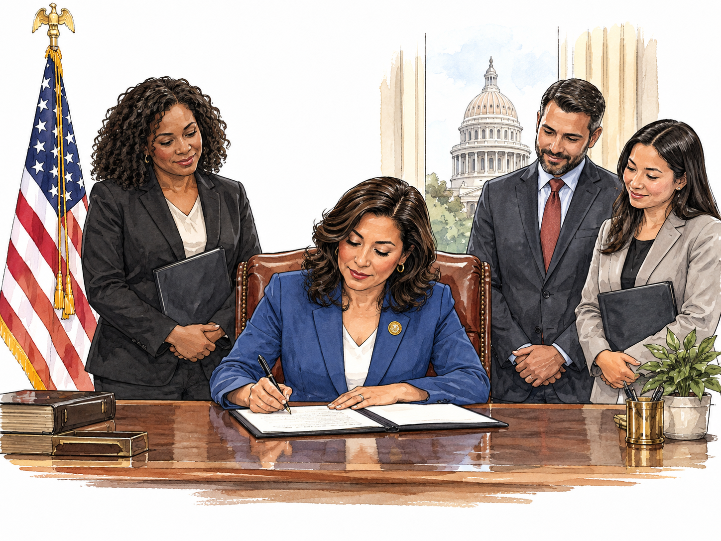 A Latina state governor signs a document in a state capitol office with aides and one United States flag.