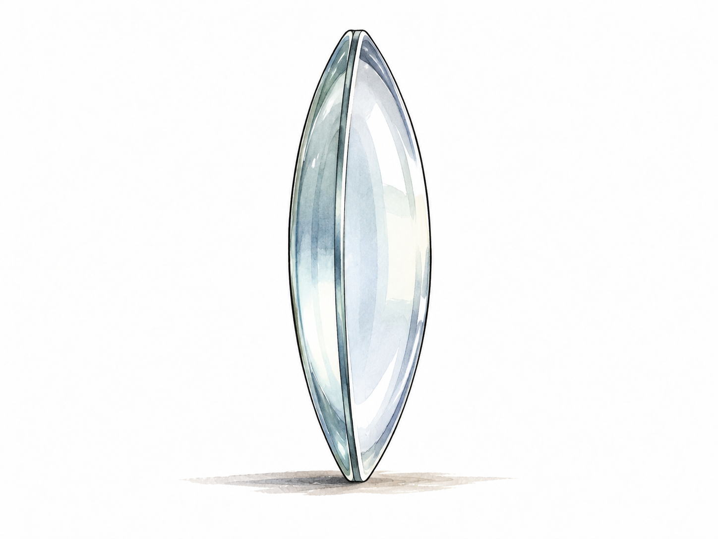A polished curved lens in side view with its middle bulging outward, highlighting convex exterior.