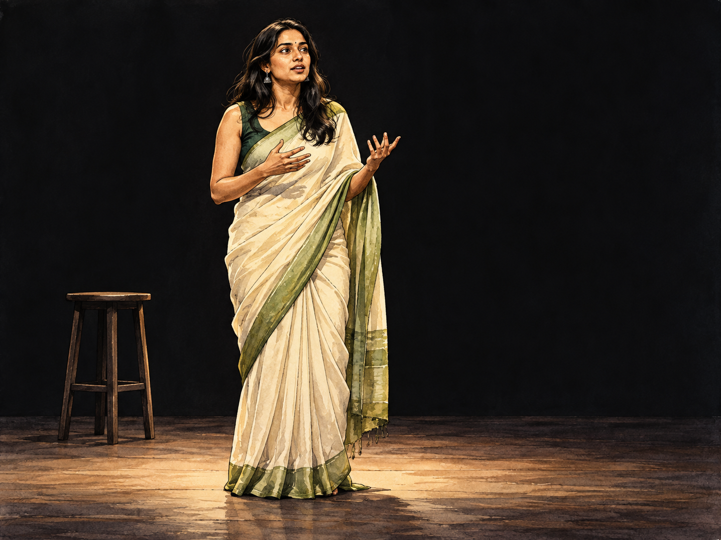 A South Asian actress alone on a dark simple stage speaks her thoughts aloud, no audience figures.