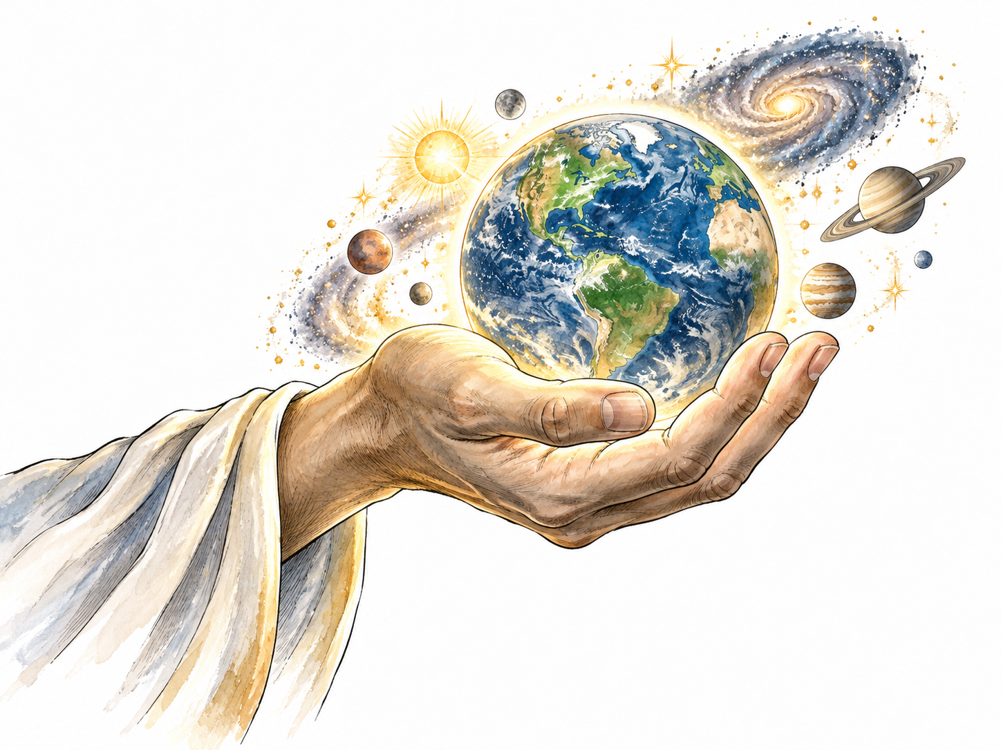 A monumental luminous hand effortlessly holds the earth and stars, metaphorical unlimited power.