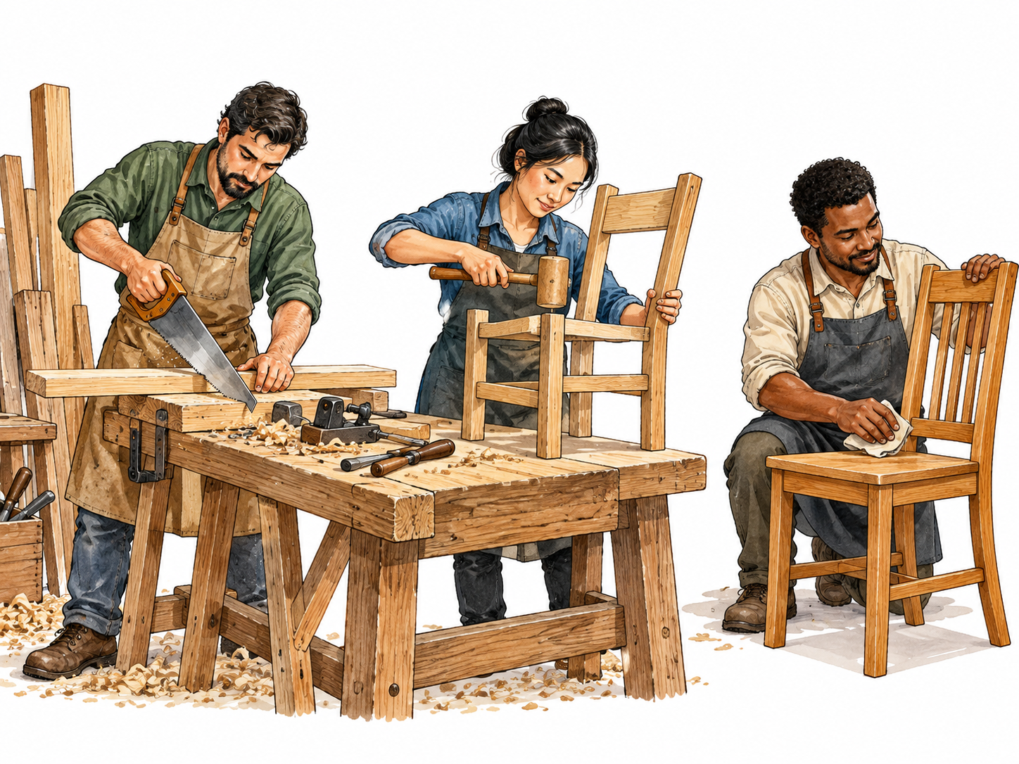 Three workers of varied ethnicities assemble wooden chairs in a small workshop, clear stages of making.