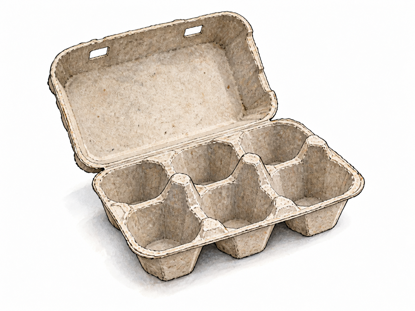 An empty egg carton with all six compartments bare.