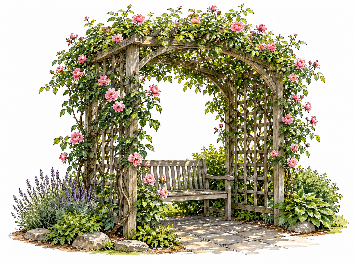 Wooden lattice garden arbor covered with climbing roses and vines with shady bench beneath.