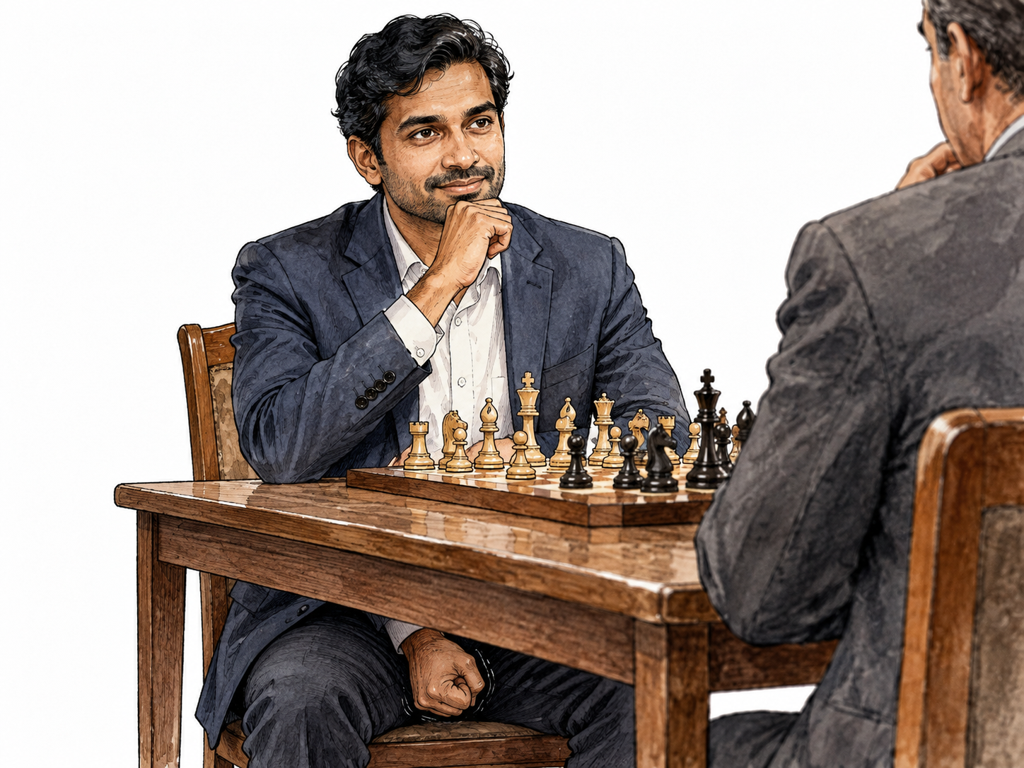 South Asian man maintains calm expression at chessboard while hand under table clenches nervously.