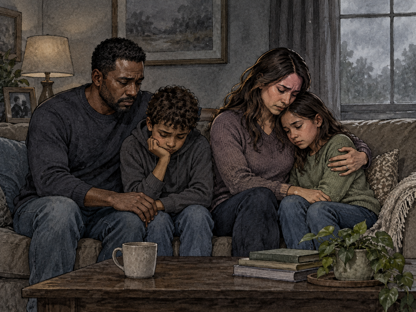 A grieving diverse family sits quietly together in a dim living room beneath a subdued gray wash, pervasive gloomy atmosphere, no melodrama.