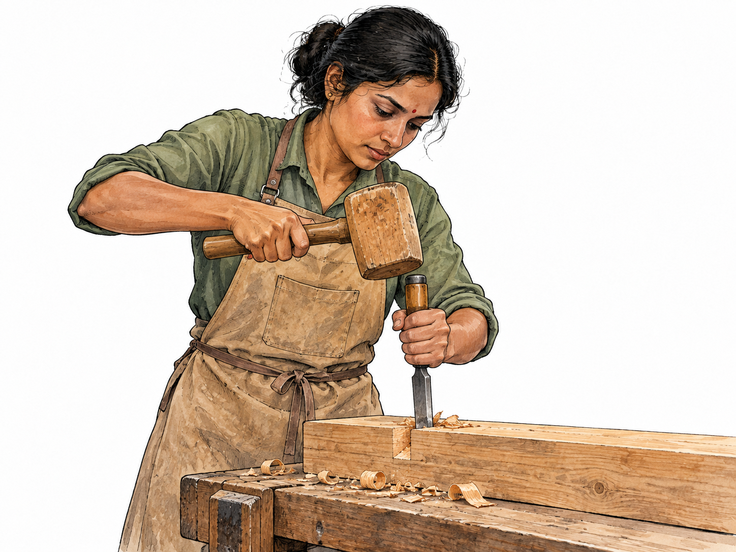 A South Asian female carpenter firmly holds and uses a wooden mallet to drive a chisel into timber, realistic tool grip.