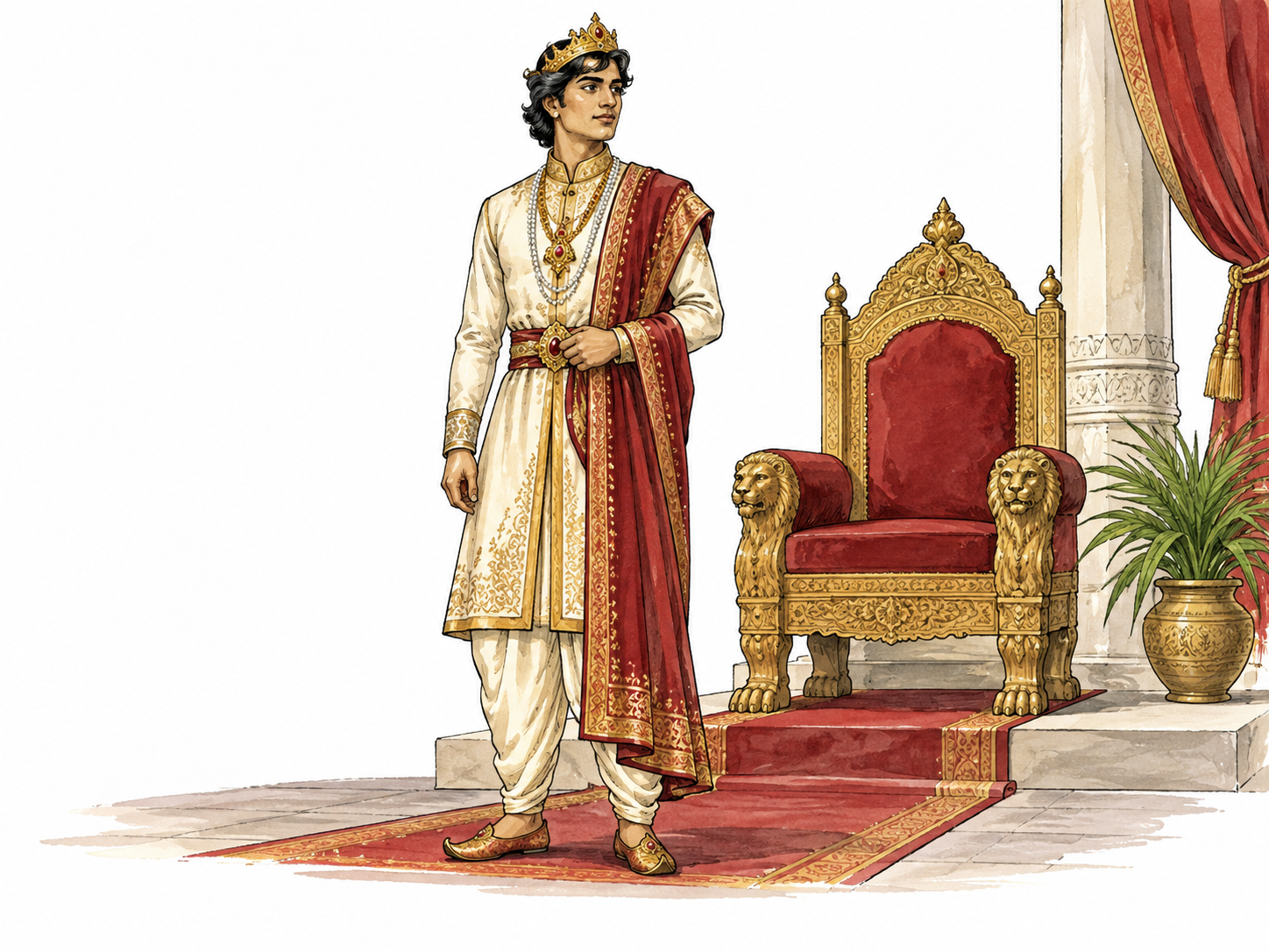 A young adult South Asian prince in tasteful royal clothing and small crown stands near throne, no cartoon.