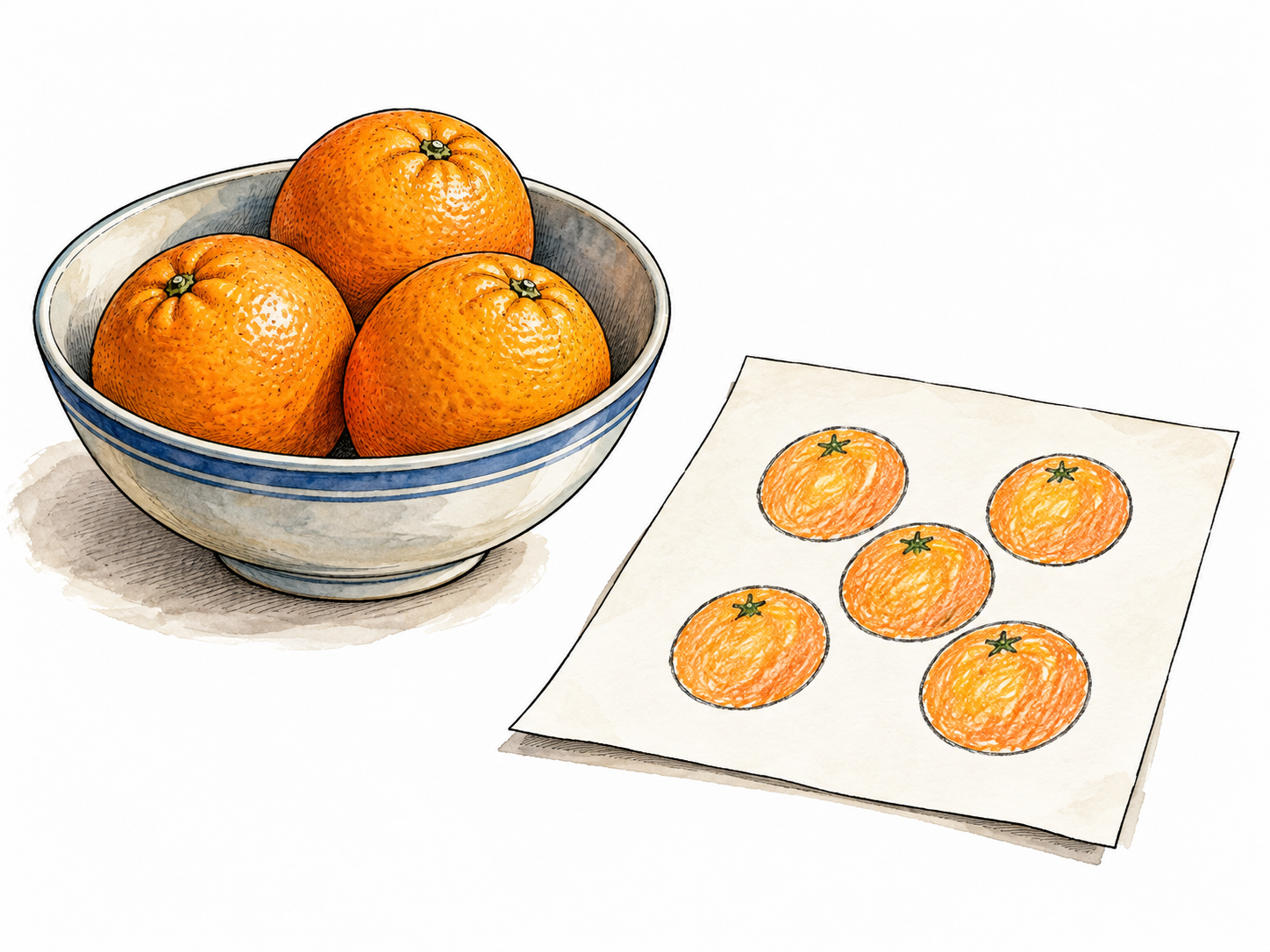 A bowl containing three oranges beside a paper drawing depicting five oranges, clearly inaccurate representation, no writing.