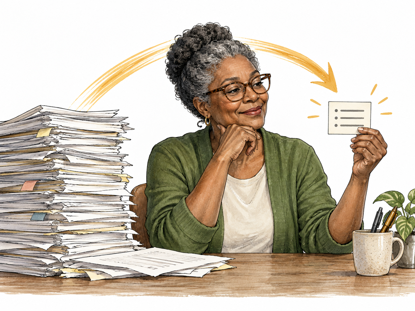Older Black woman condenses thick pile of pages onto small card with three short lines, no readable words.