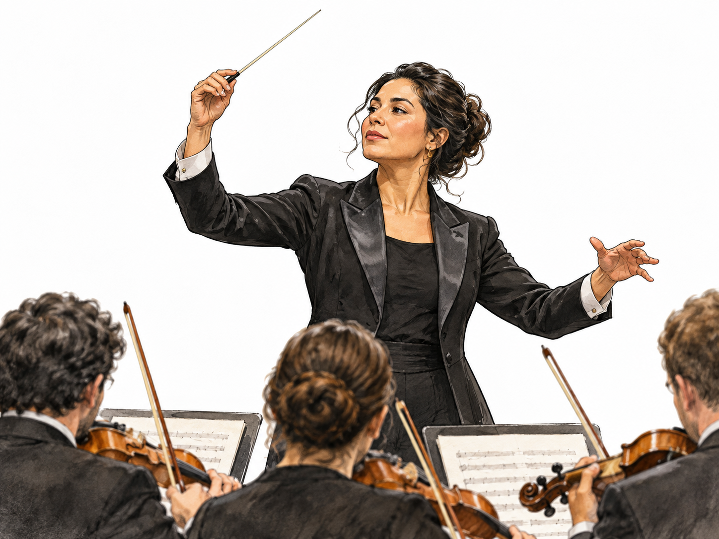 A Latina conductor raises a slim baton before musicians.