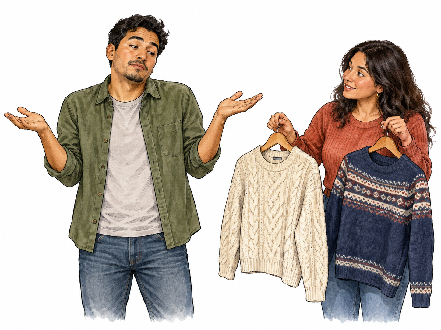 A Latino adult shrugs with neutral disinterest while a friend offers two different sweaters, no preference.