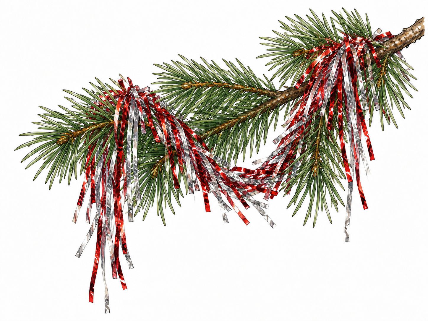 Shiny thin silver and red decorative tinsel strands draped over a pine branch.