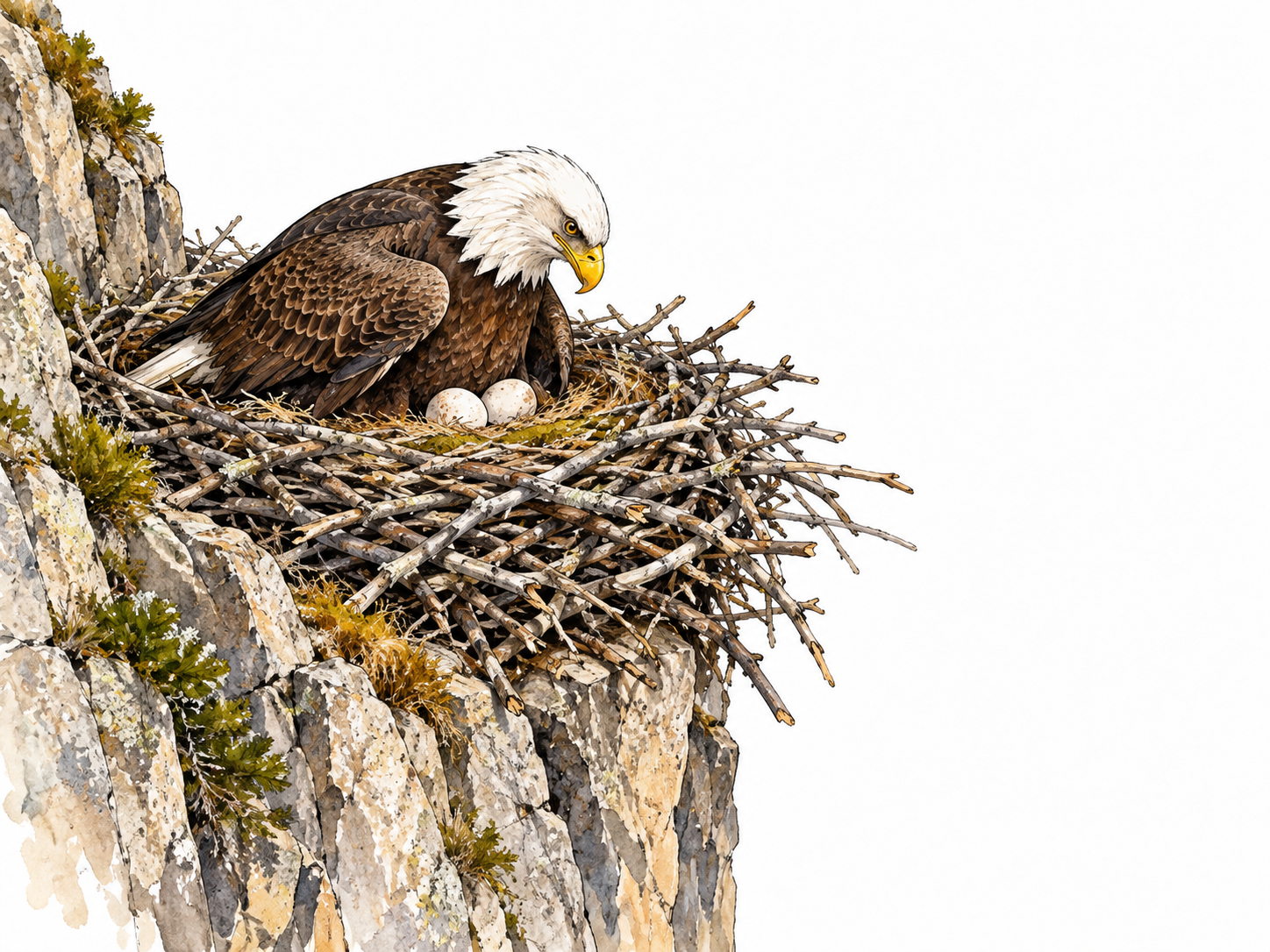 An eagle tends eggs in a broad twig nest high on a sheer cliff.