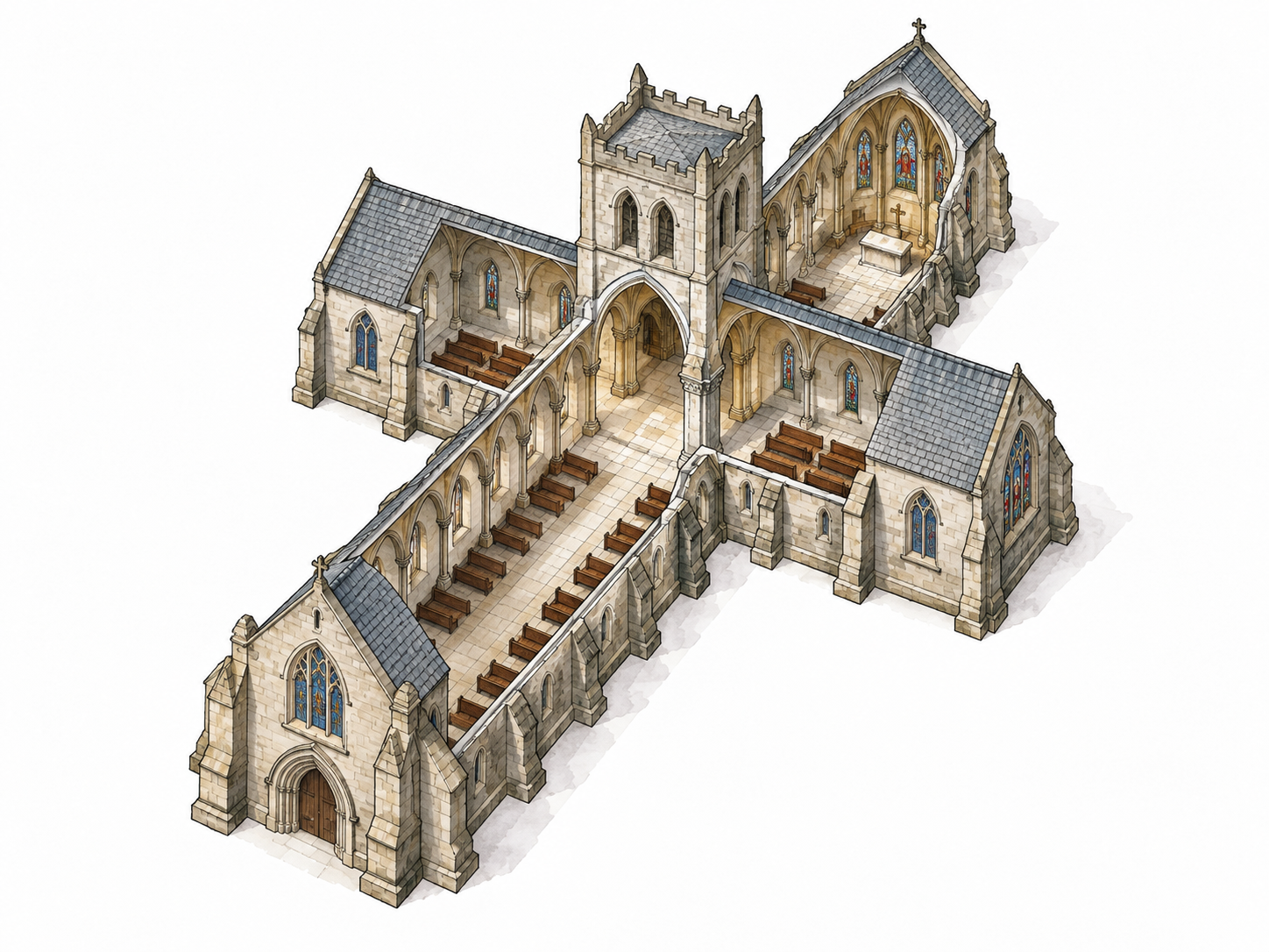 Isometric cutaway of a cruciform stone church clearly showing the crosswise transept crossing the long nave.