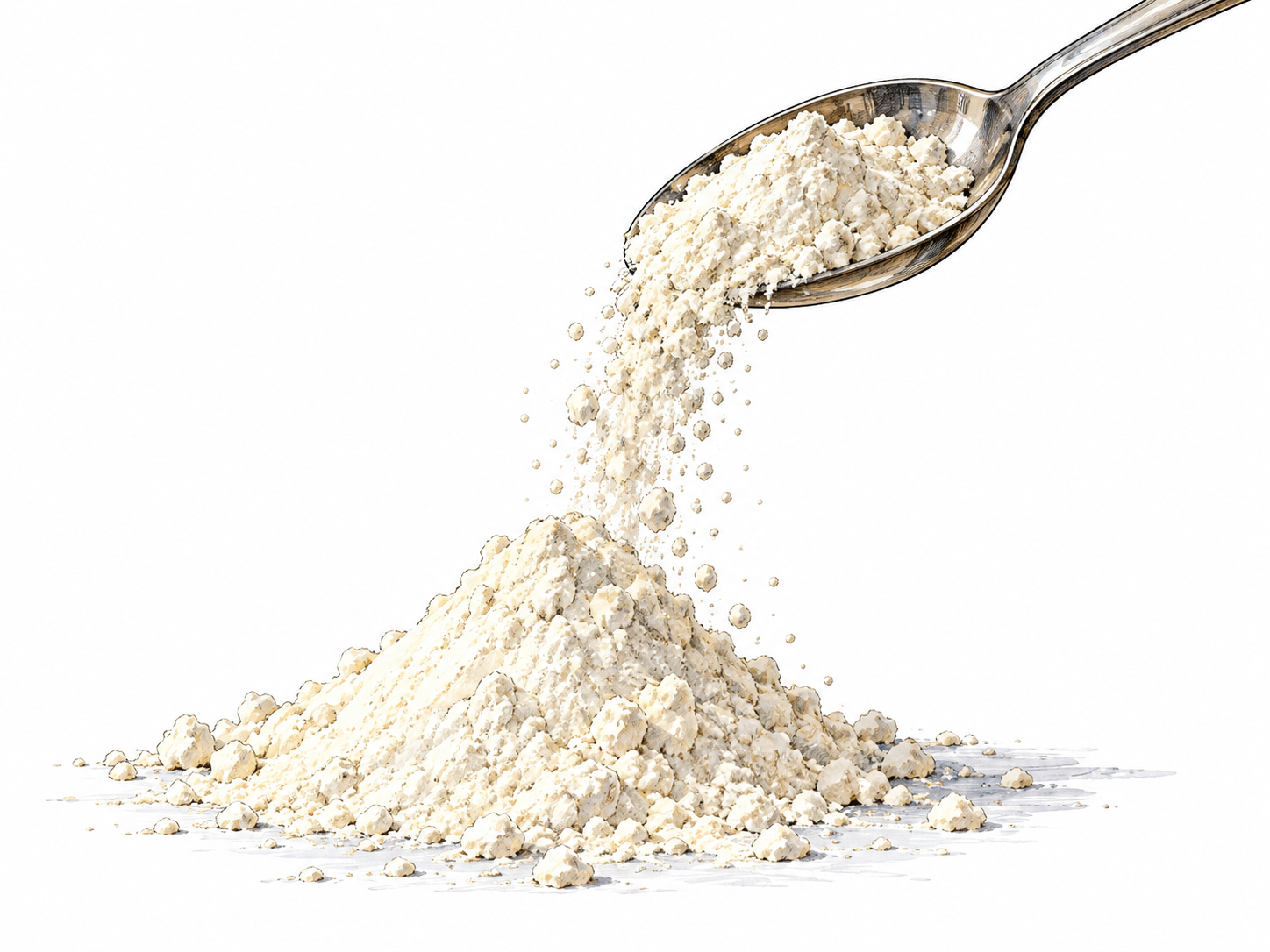 A spoon tips dry flour into a soft powder mound.
