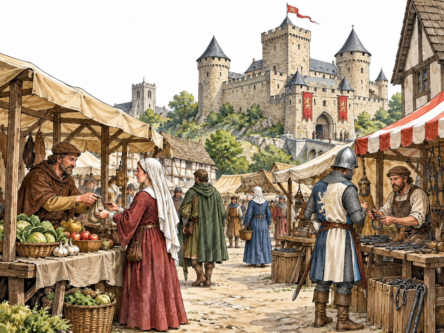 A medieval stone castle and market scene with historically plausible clothing and timber stalls.