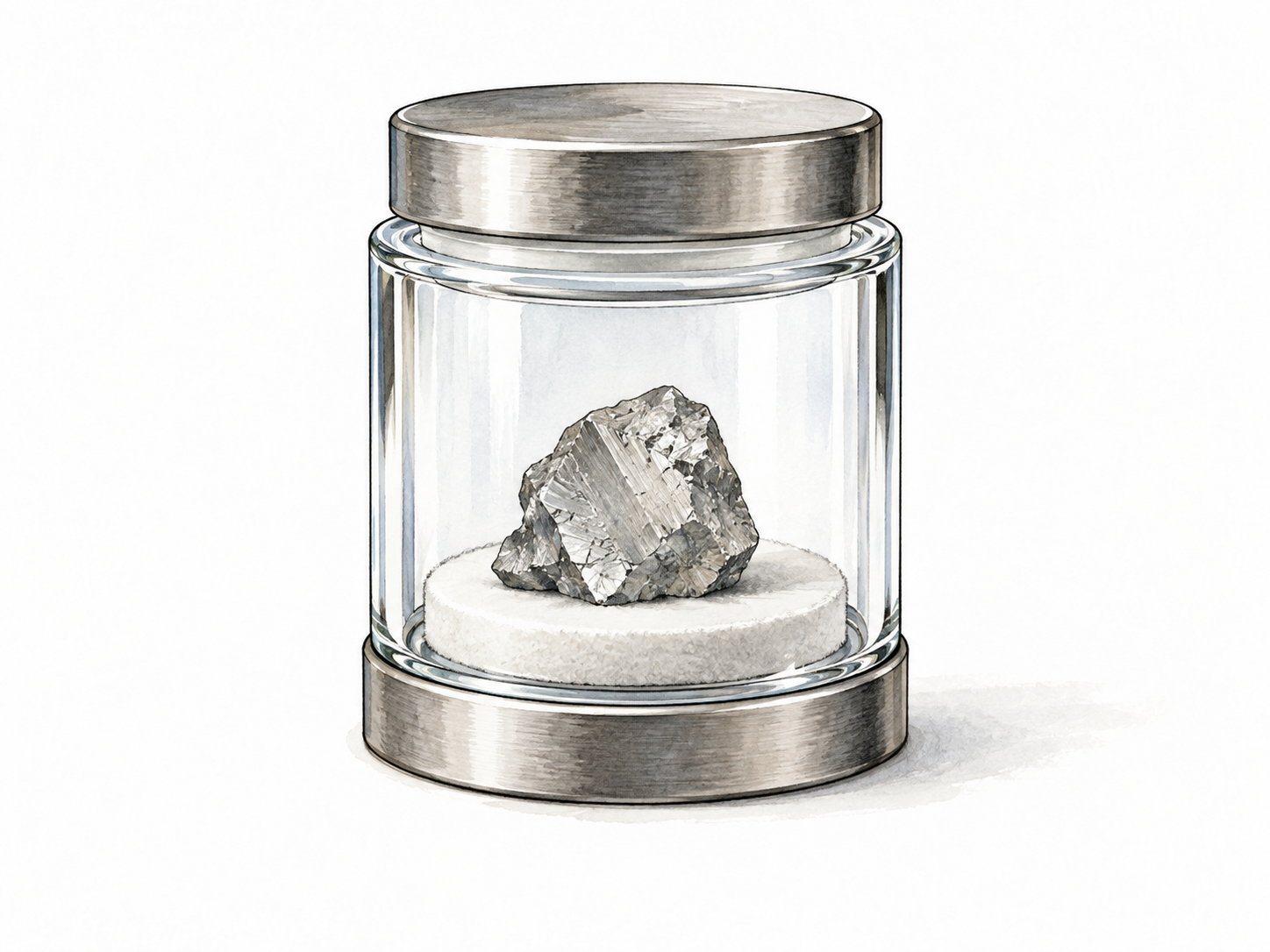 Small light-gray beryllium metal sample sealed in laboratory display container, no text.