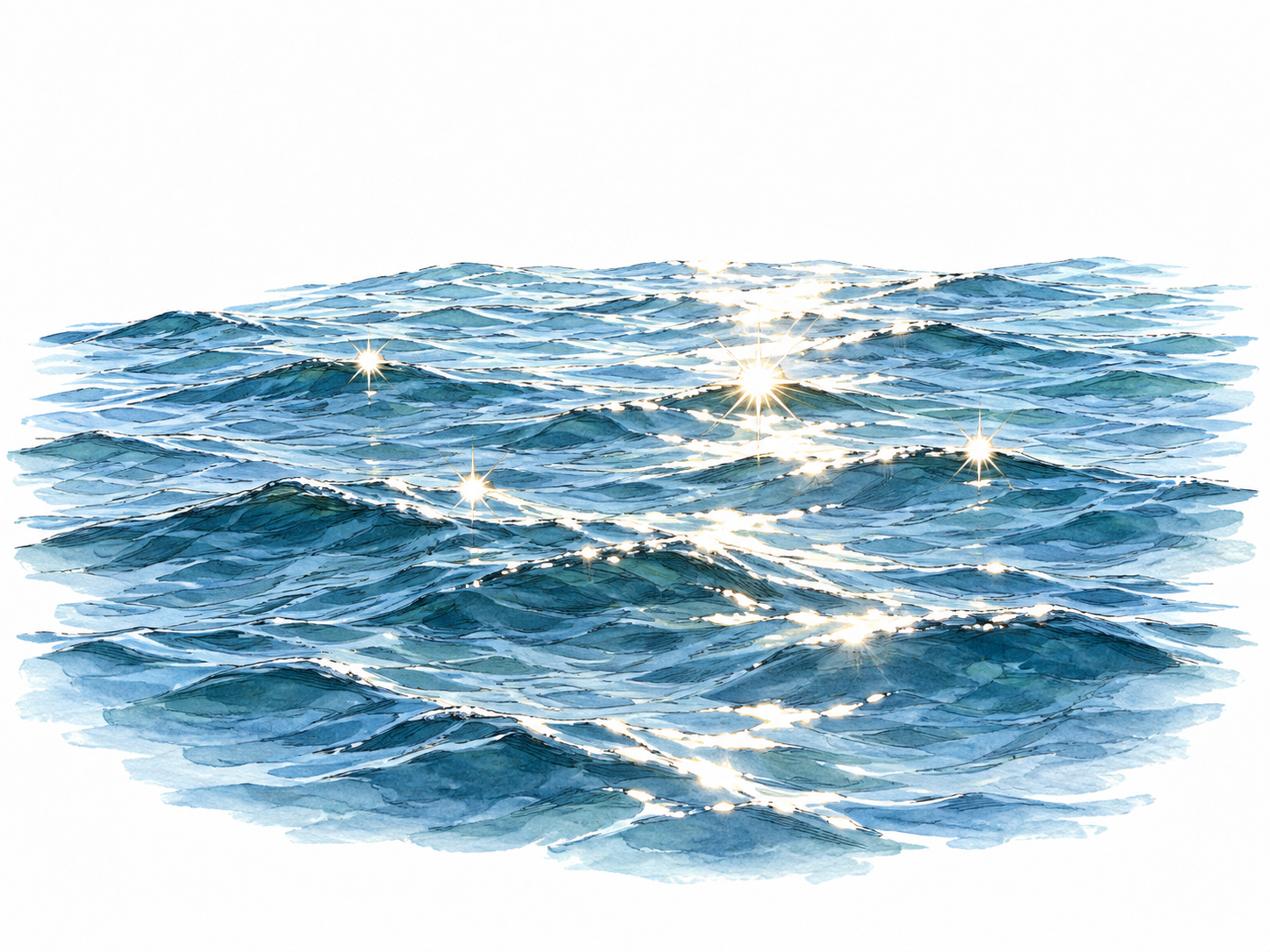 Sunlight flashes sharply on rippling blue water with several tiny brilliant sparkles.