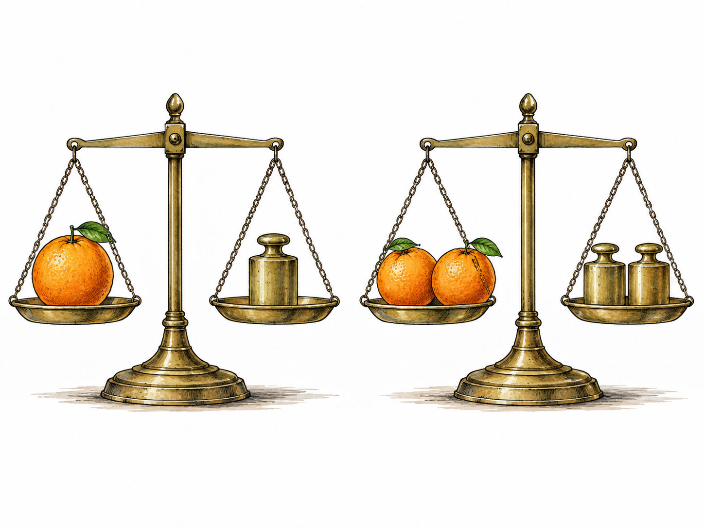 Two balanced weighing scales: one has one orange balanced by one brass weight, another two oranges balanced by two identical weights, consistent relation, no numbers.