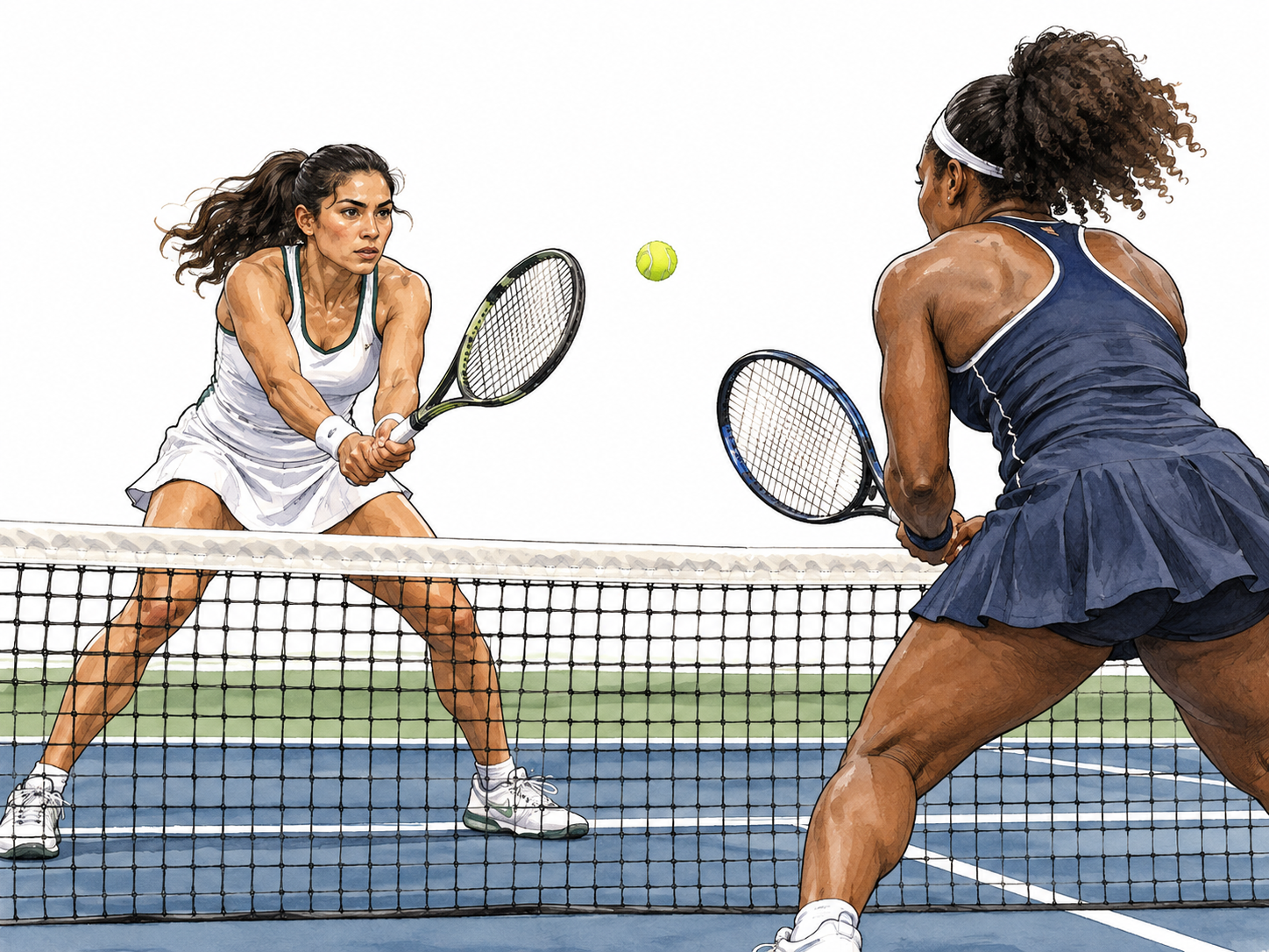 A close tennis match between two adult athletes across net, Latina woman and Black woman, ball visible above net.
