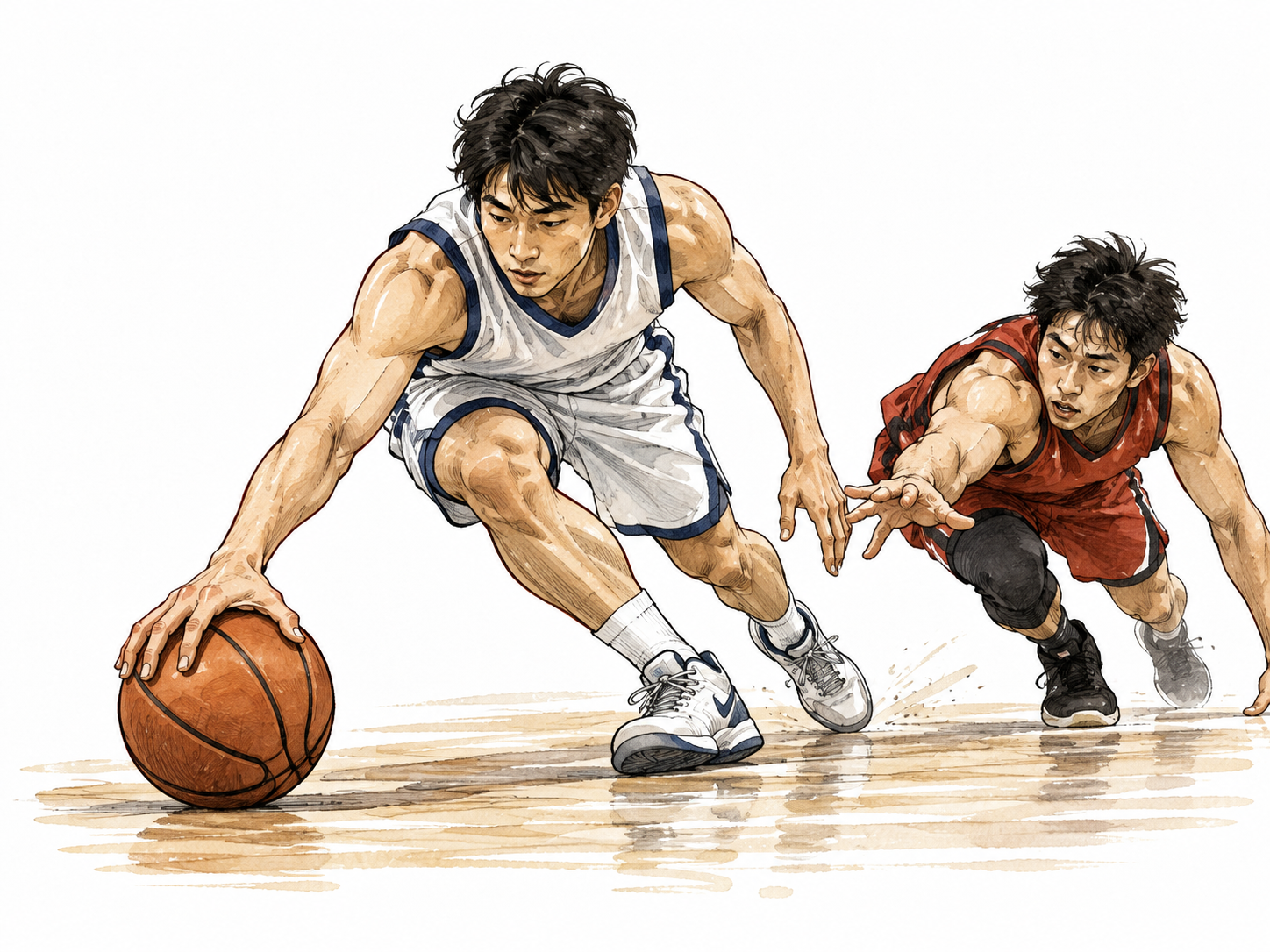 East Asian basketball player recovers ball after opponent knocked it loose, regaining possession.