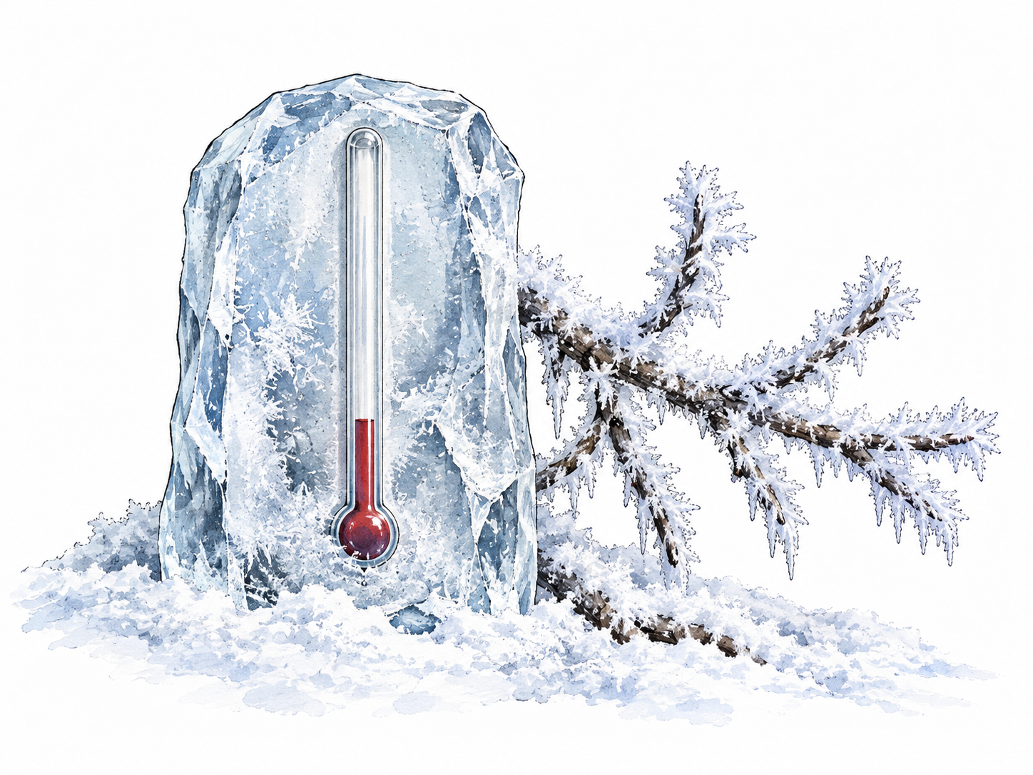 A thermometer without numbers embedded in thick ice beside frost-covered branch, extreme coldness.
