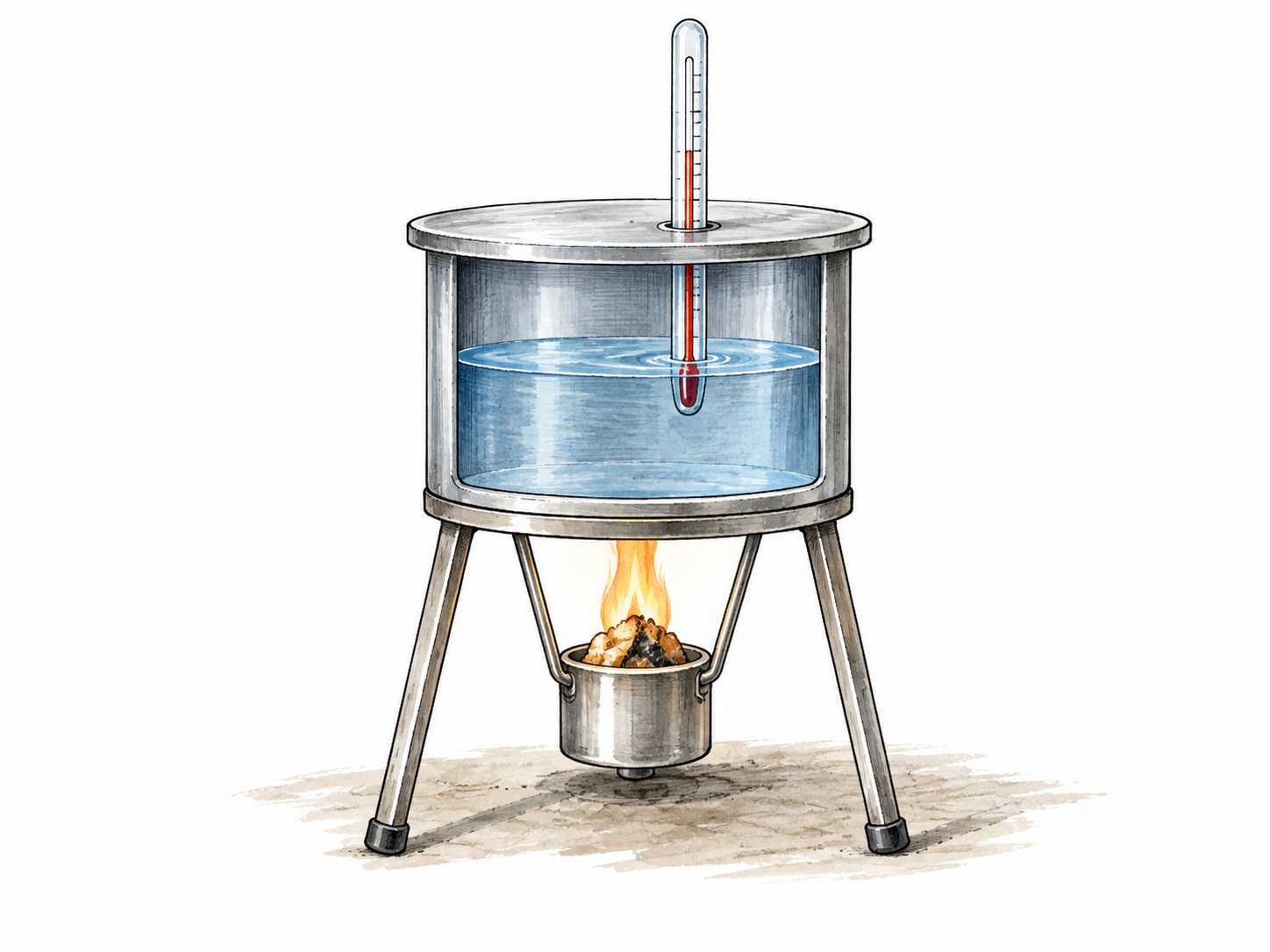 A simple scientific food calorimeter: food sample below metal chamber, water thermometer; no invented scales or labels.