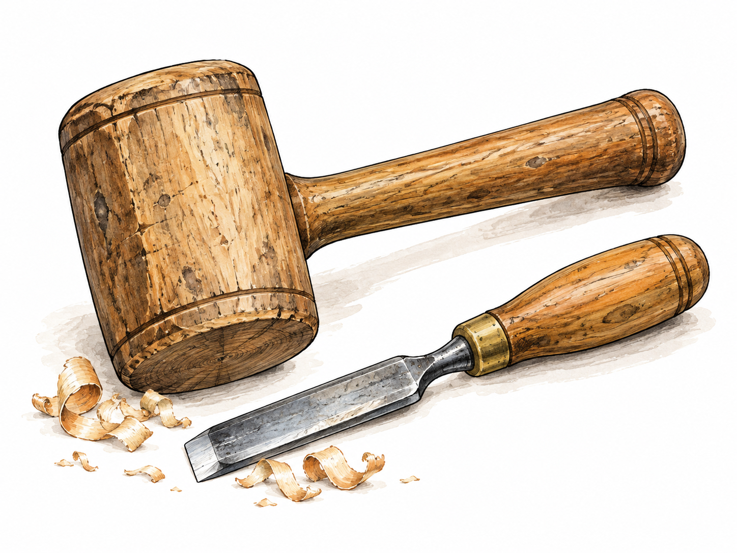 A large wooden mallet with broad cylindrical head beside a woodworking chisel.