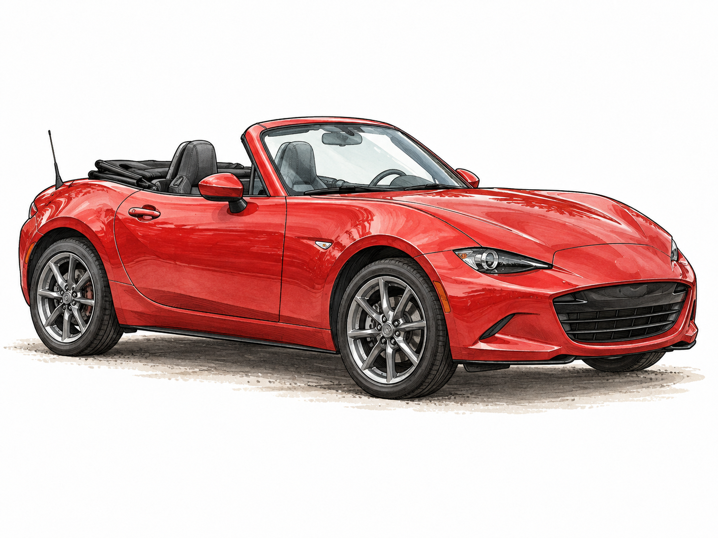 A tasteful red convertible car parked with folded soft top visibly lowered behind rear seats, realistic.